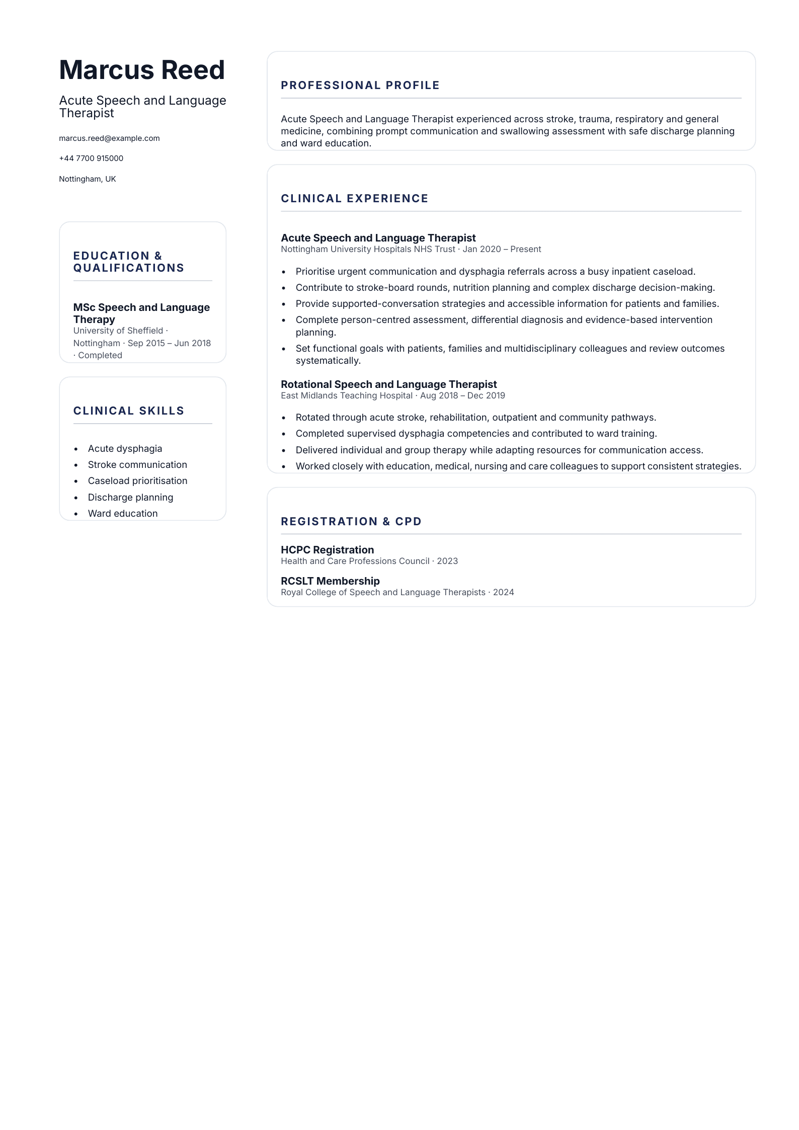 Acute Speech and Language Therapist CV template