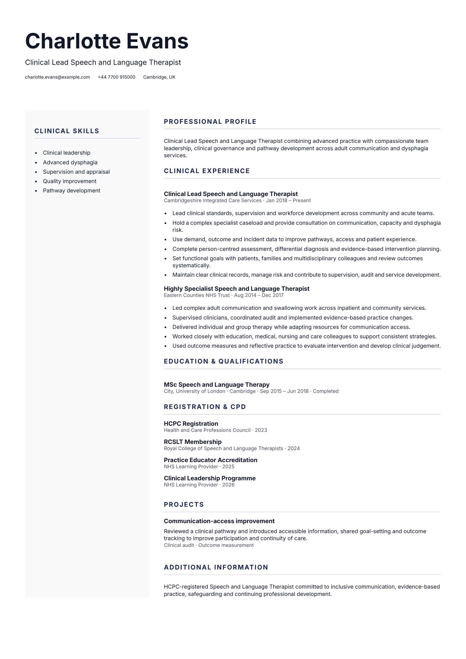 Clinical Lead SLT CV template