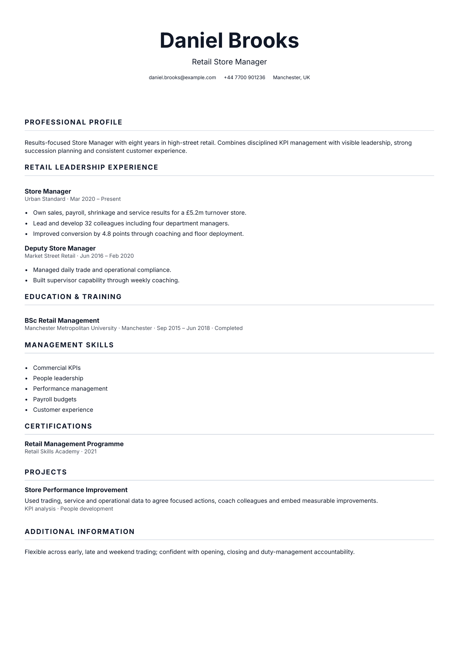 Store manager CV