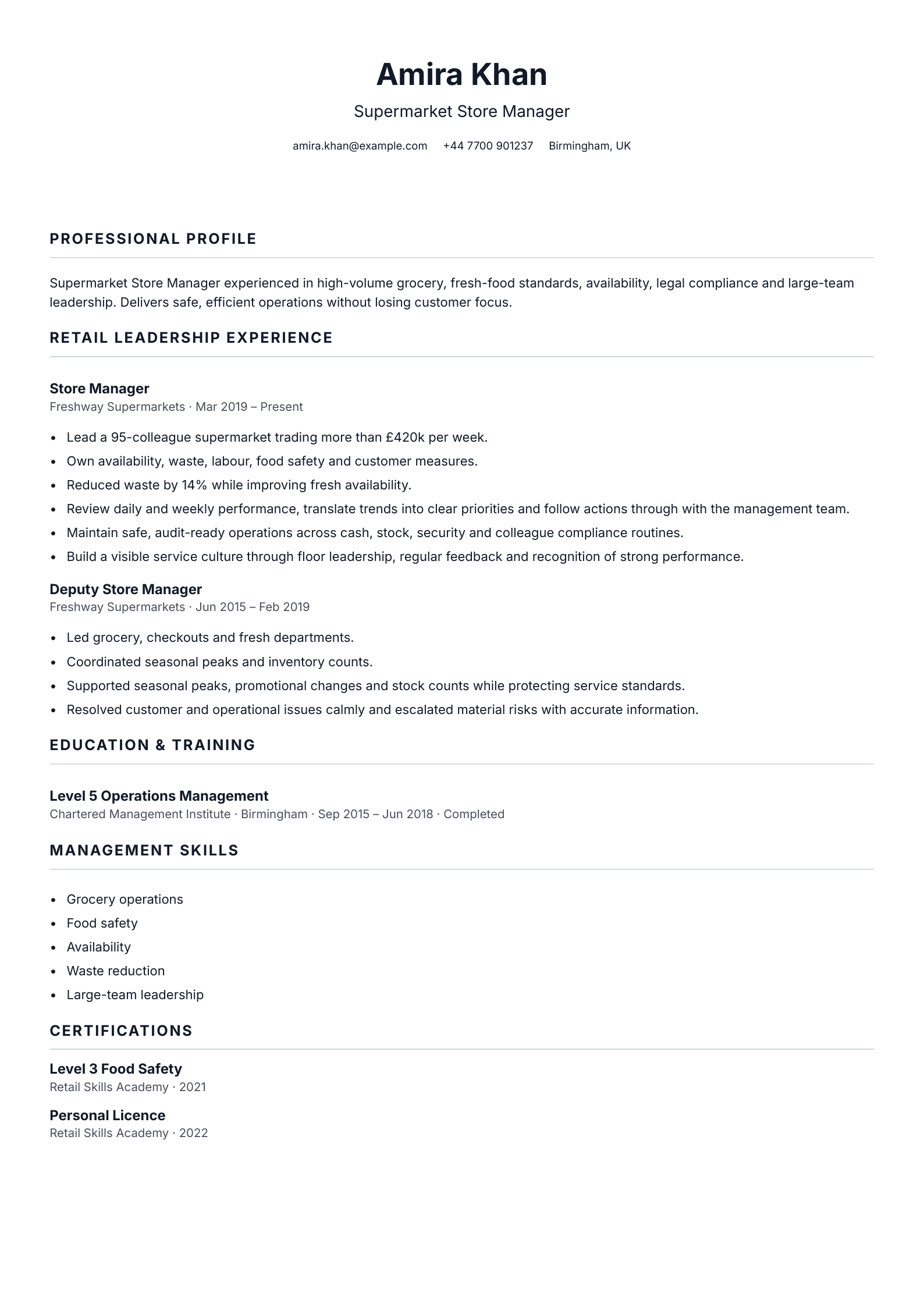 Supermarket Store Manager CV template