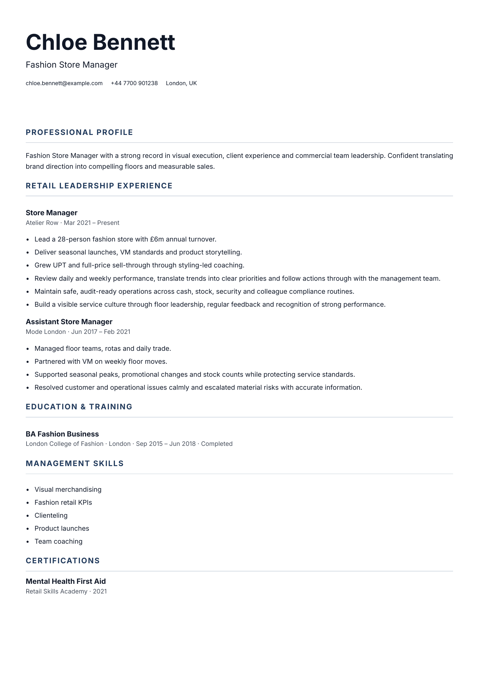 Fashion Store Manager CV template