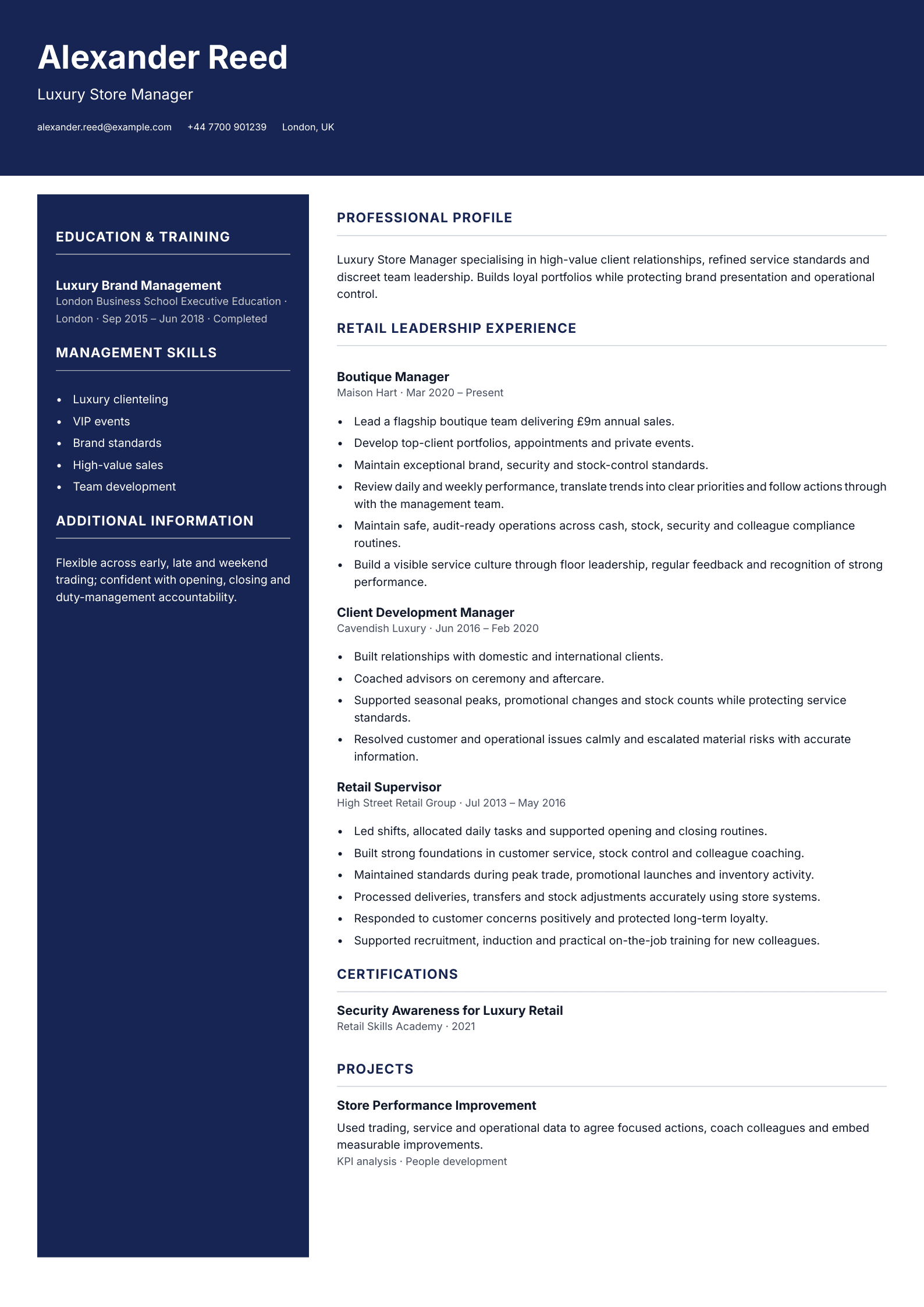 Luxury Store Manager CV template