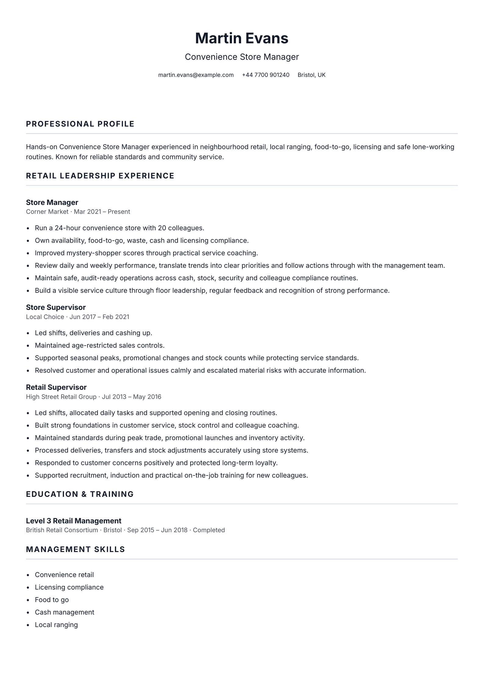 Convenience Store Manager CV template