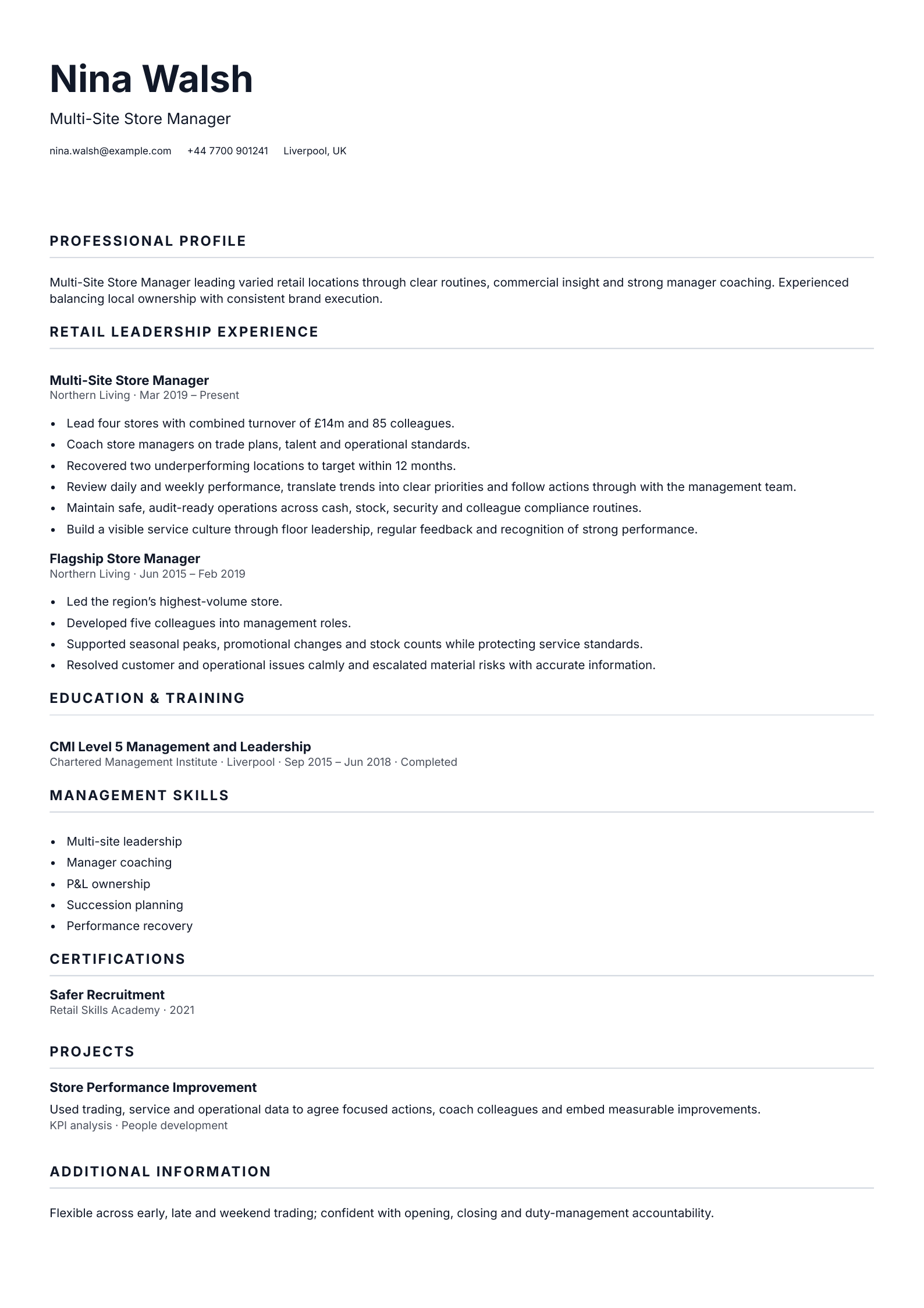 Multi-Site Store Manager CV template