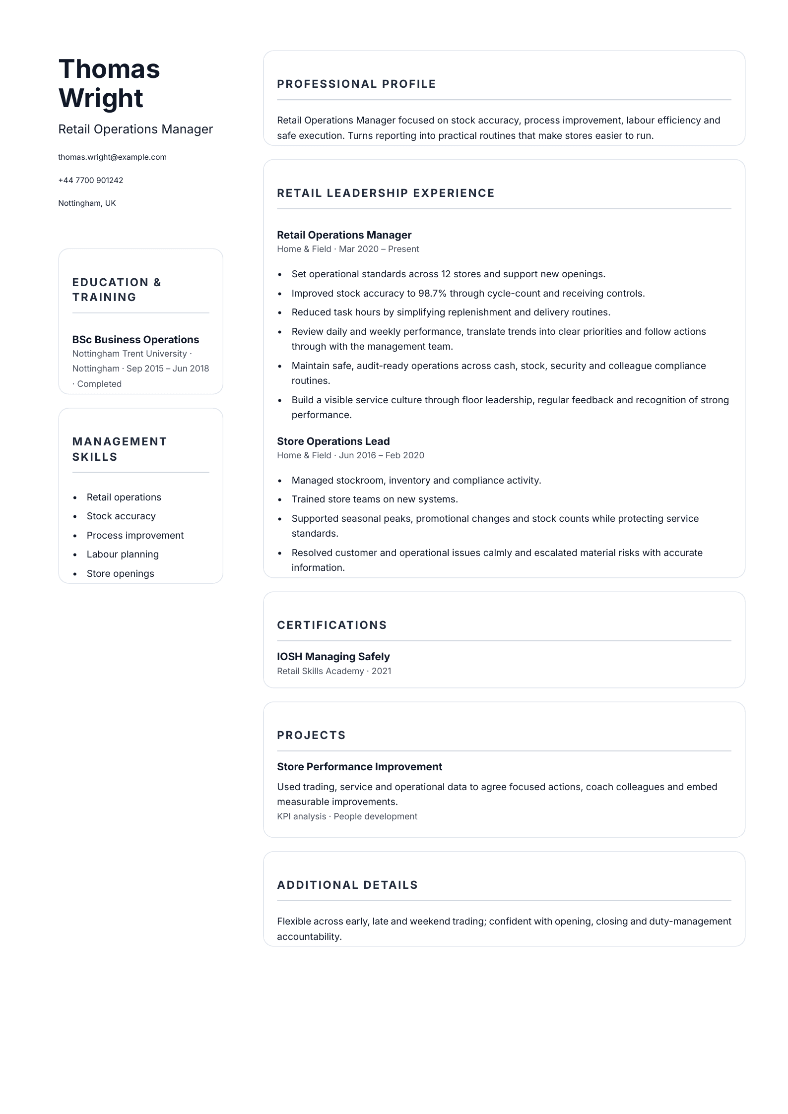 Retail Operations Manager CV template