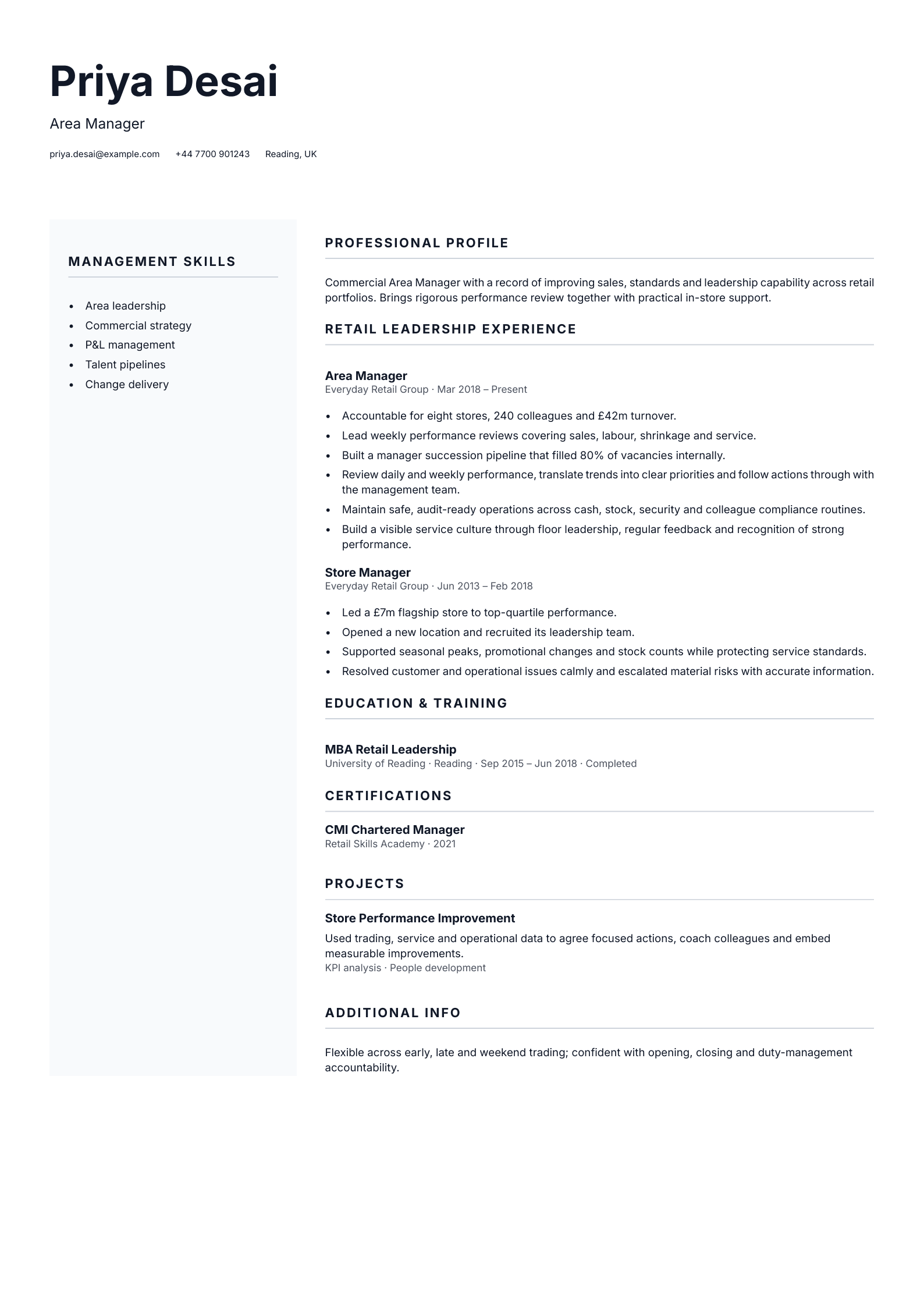 Area Manager CV template