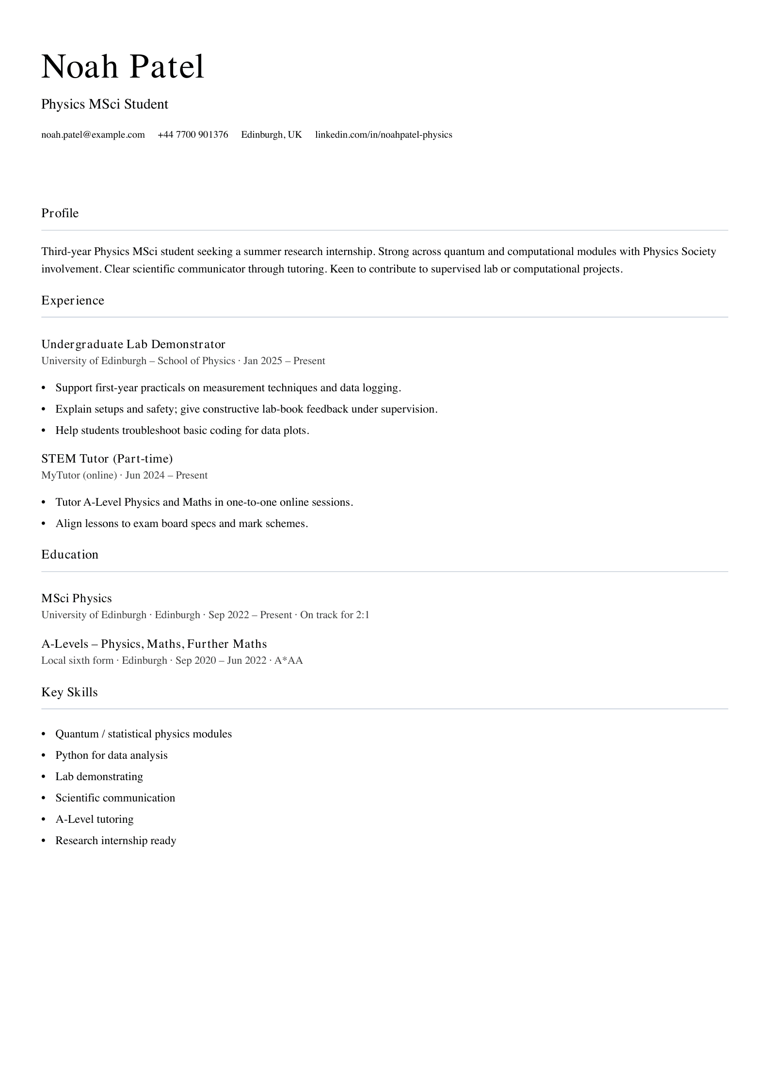 research internship student cv template