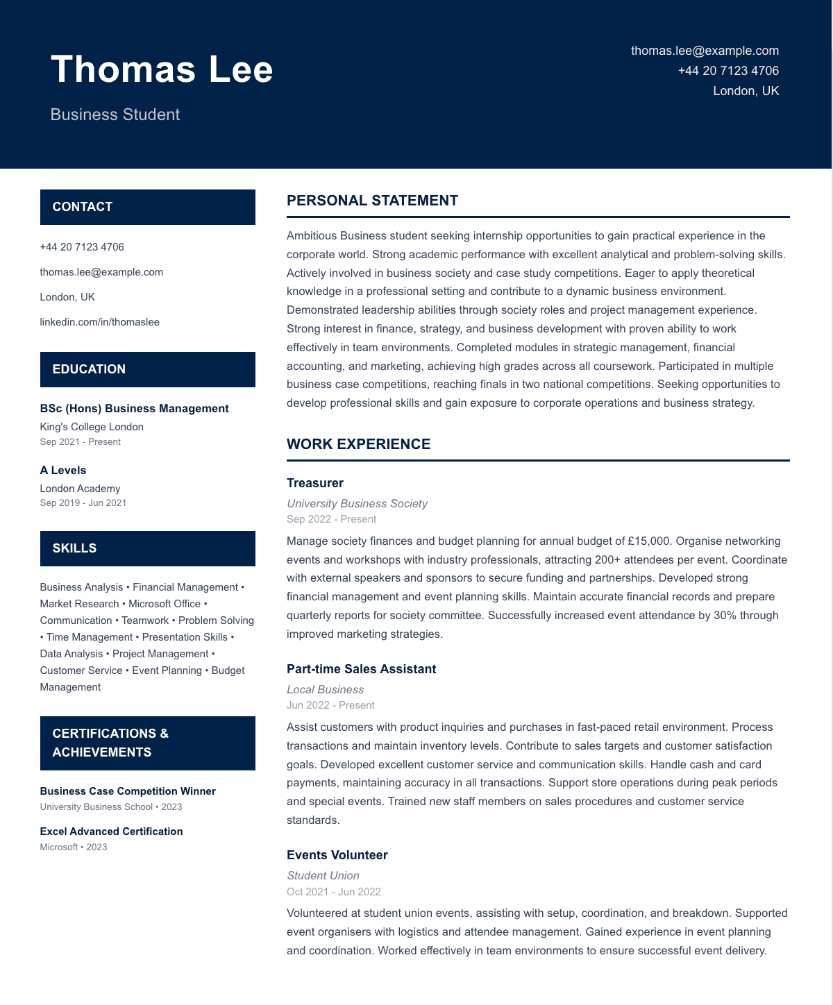 Student CV template