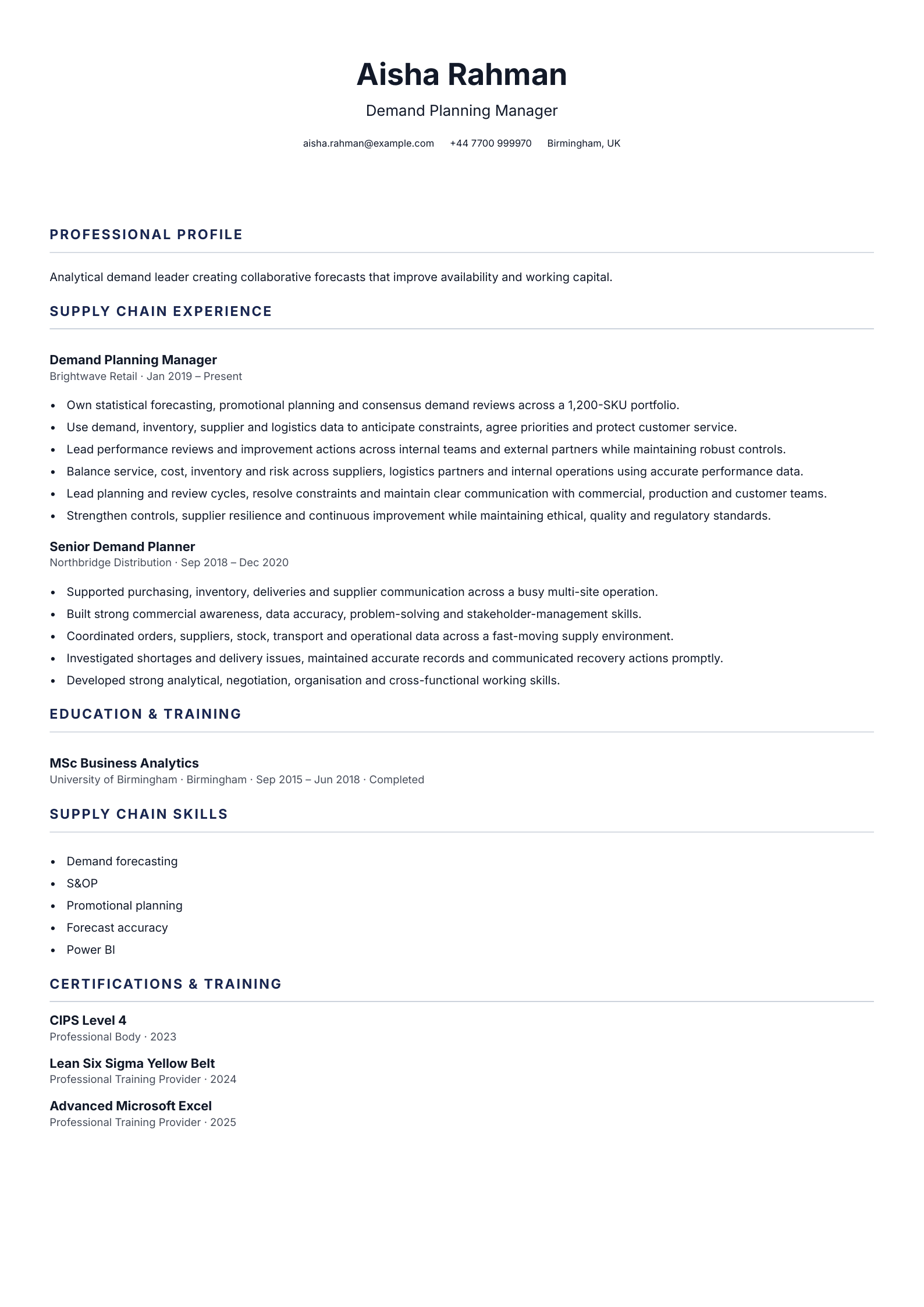 Demand Planning Manager CV template