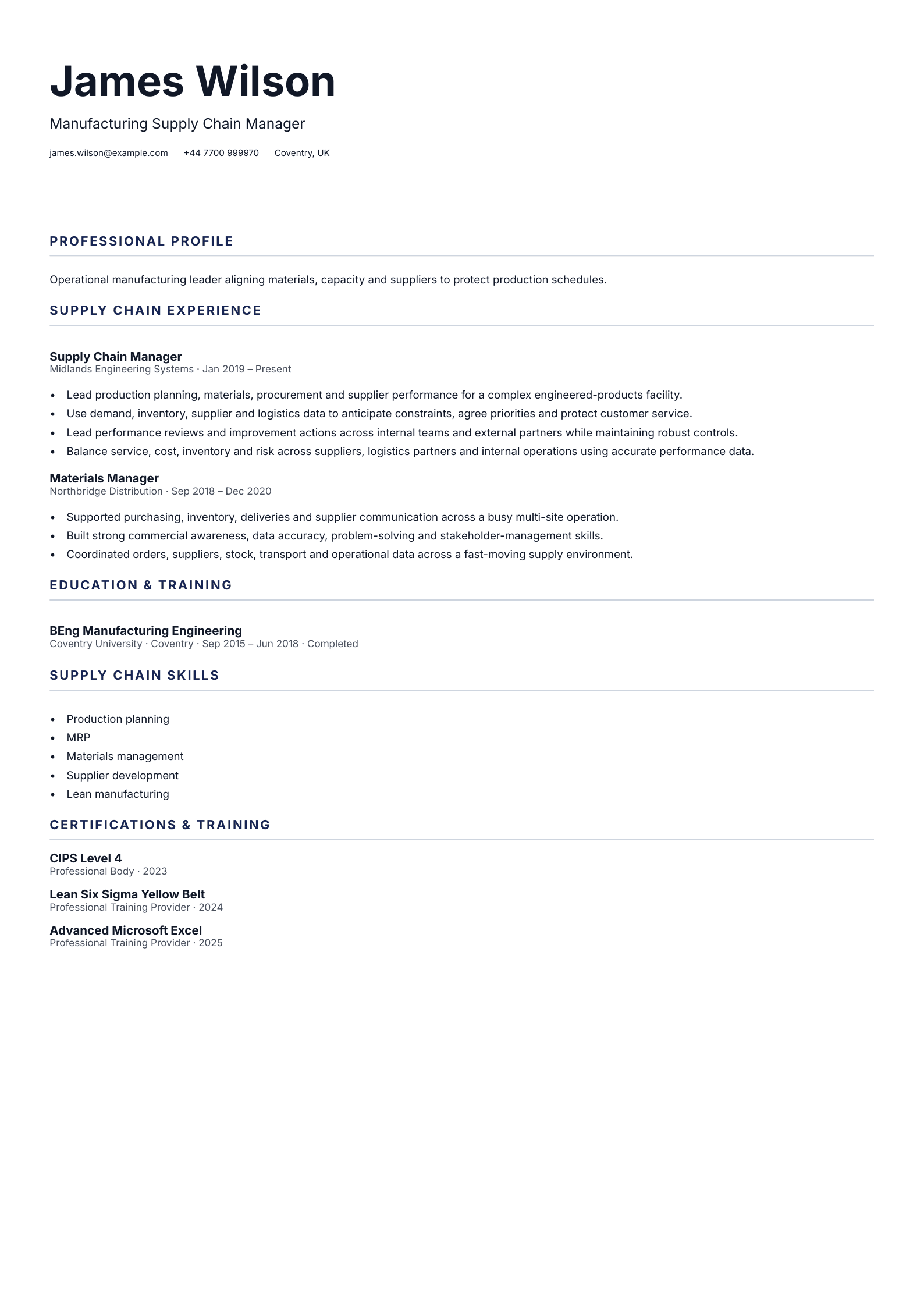Manufacturing Supply Chain Manager CV template