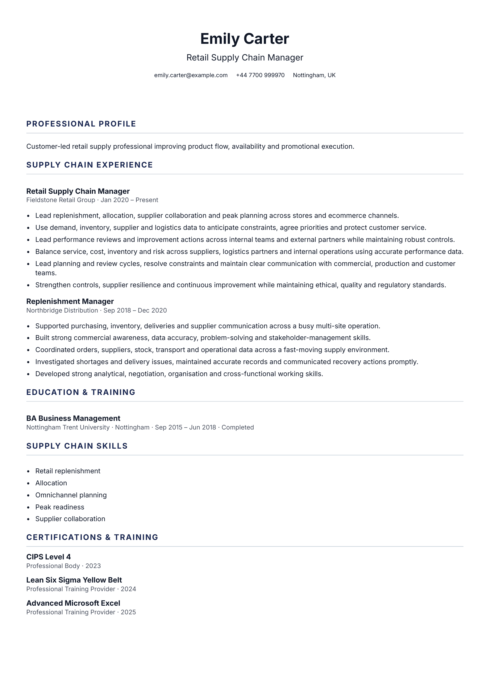 Retail Supply Chain Manager CV template