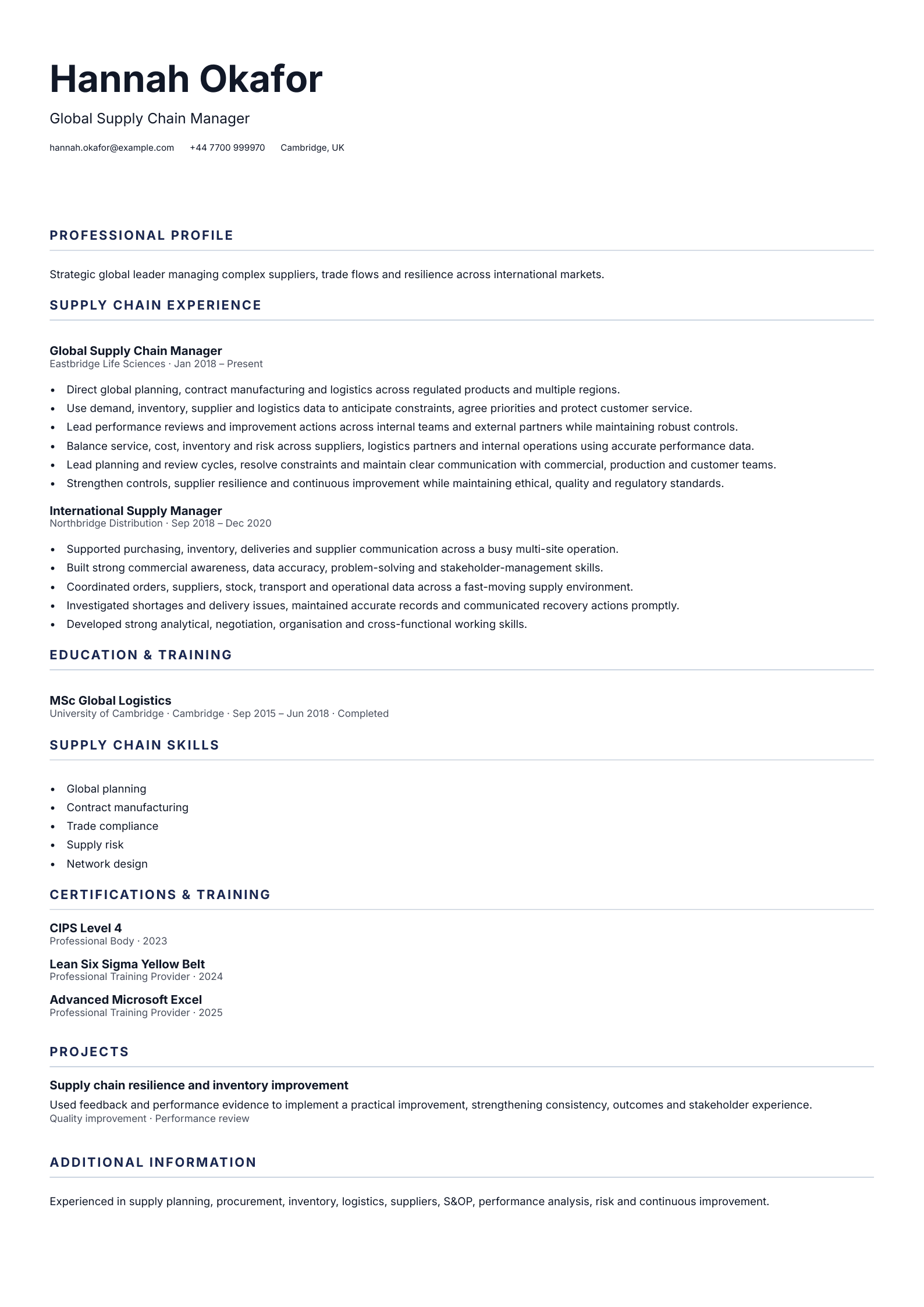 Global Supply Chain Manager CV template