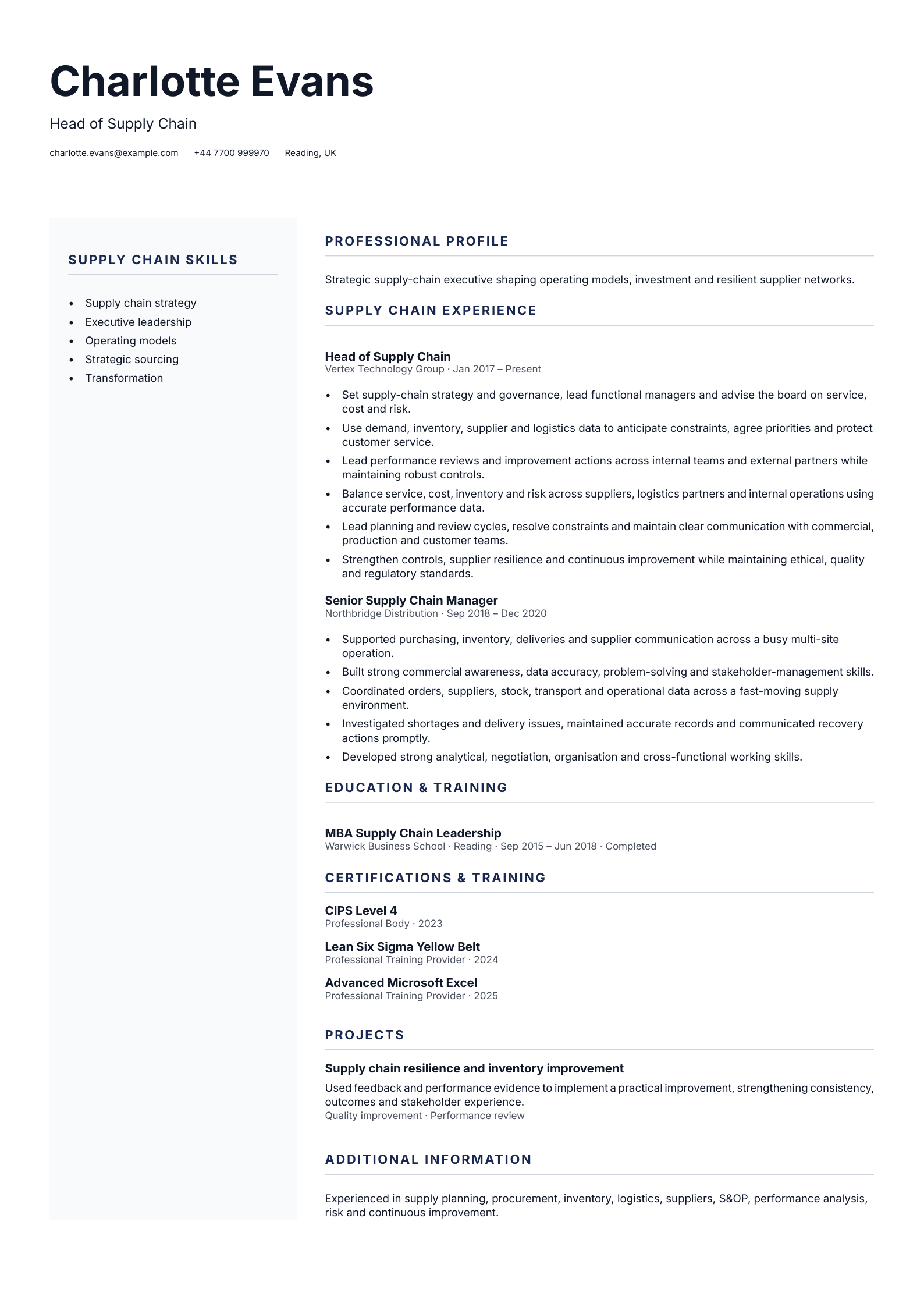 Head of Supply Chain CV template