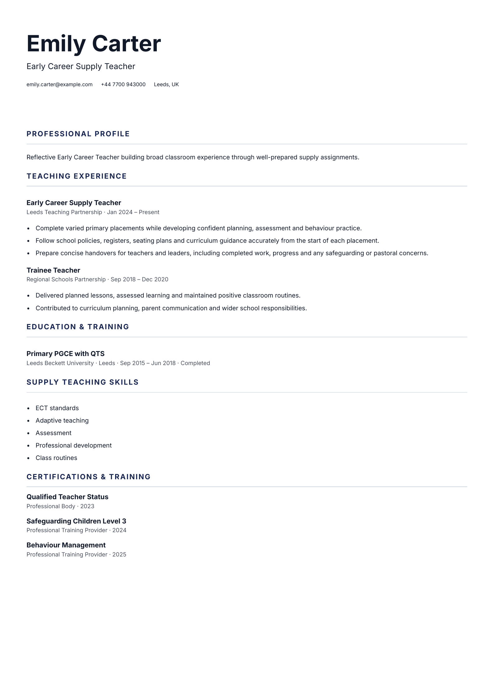 Early Career Supply Teacher CV template