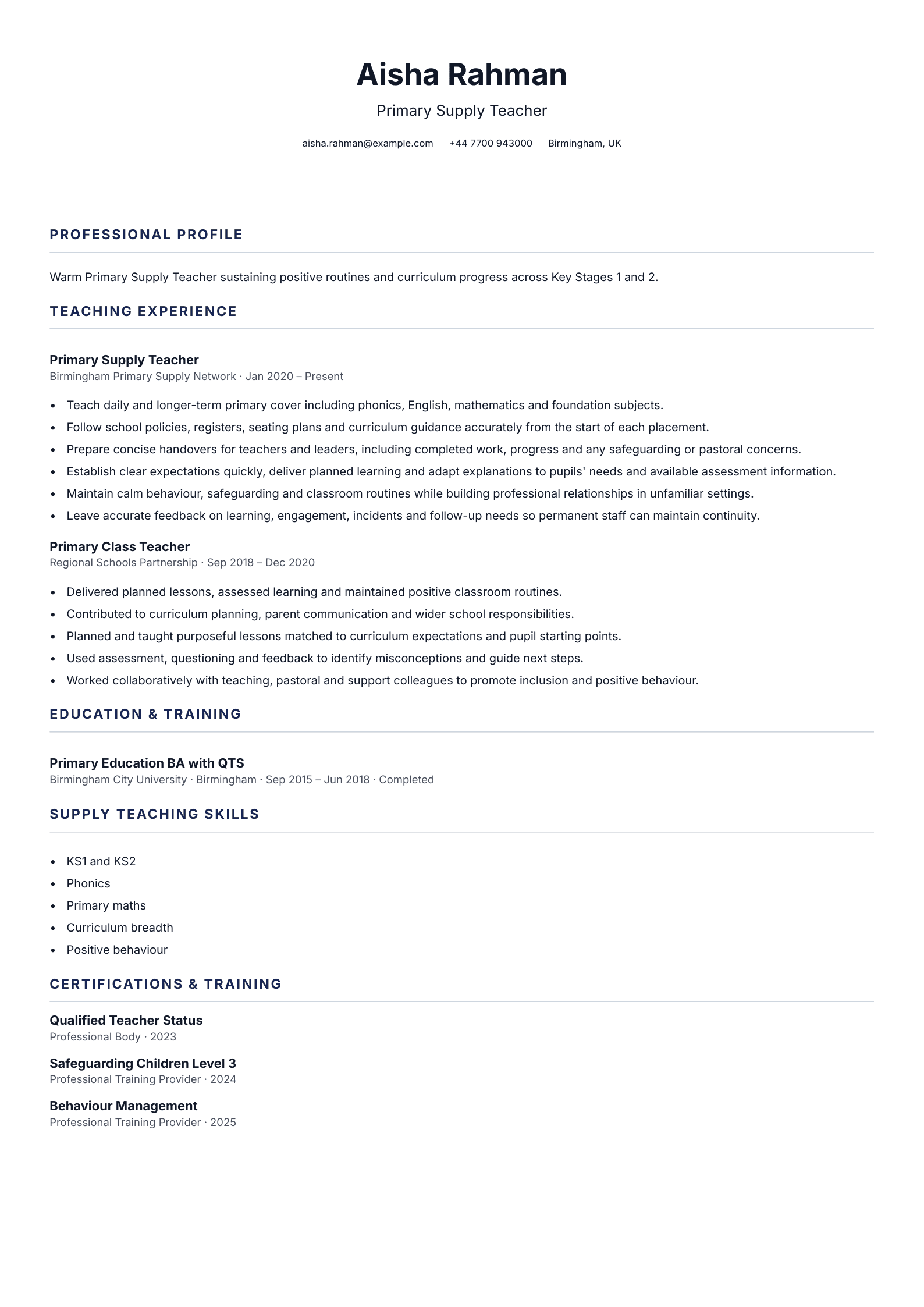 Primary Supply Teacher CV template