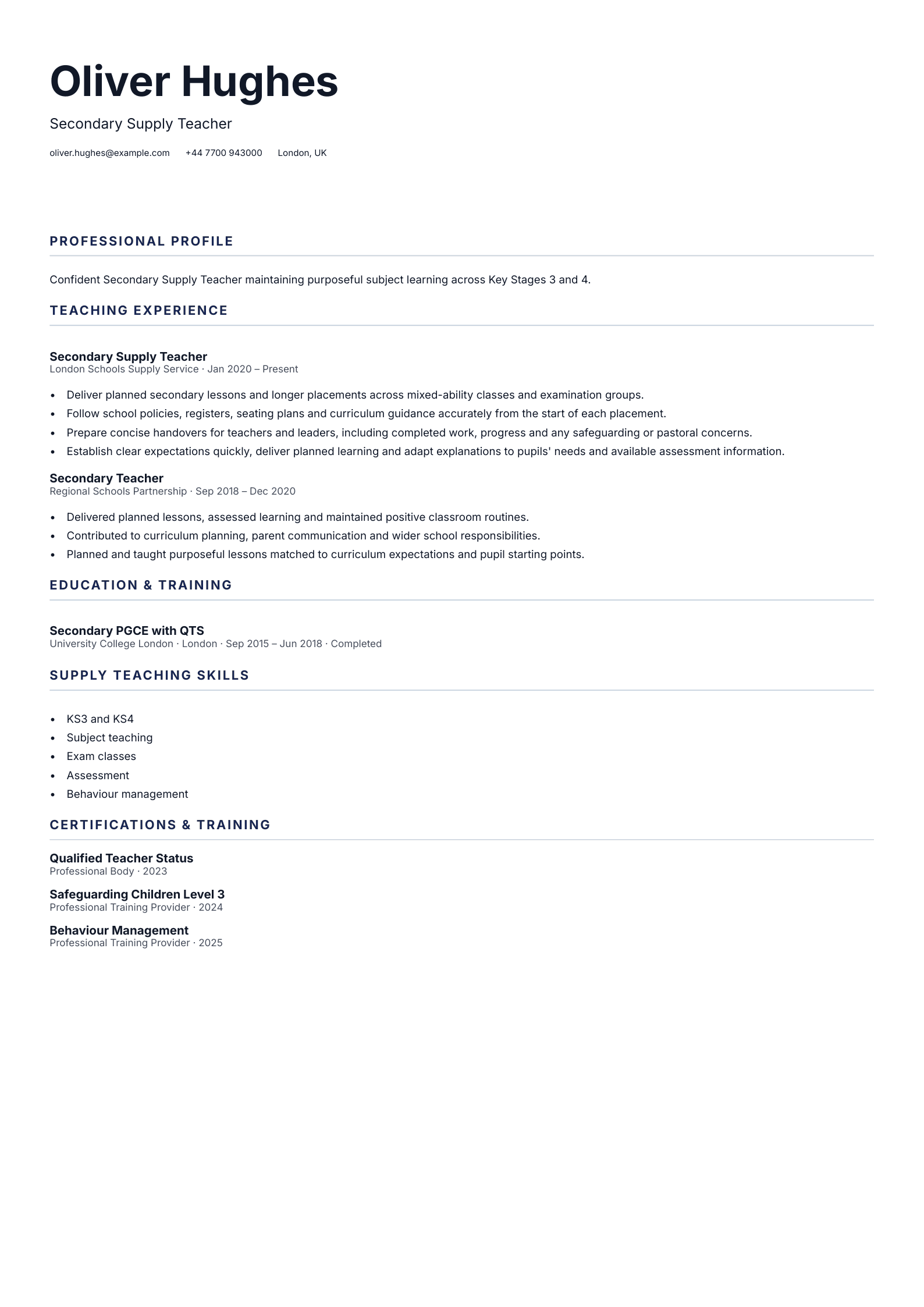 Secondary Supply Teacher CV template