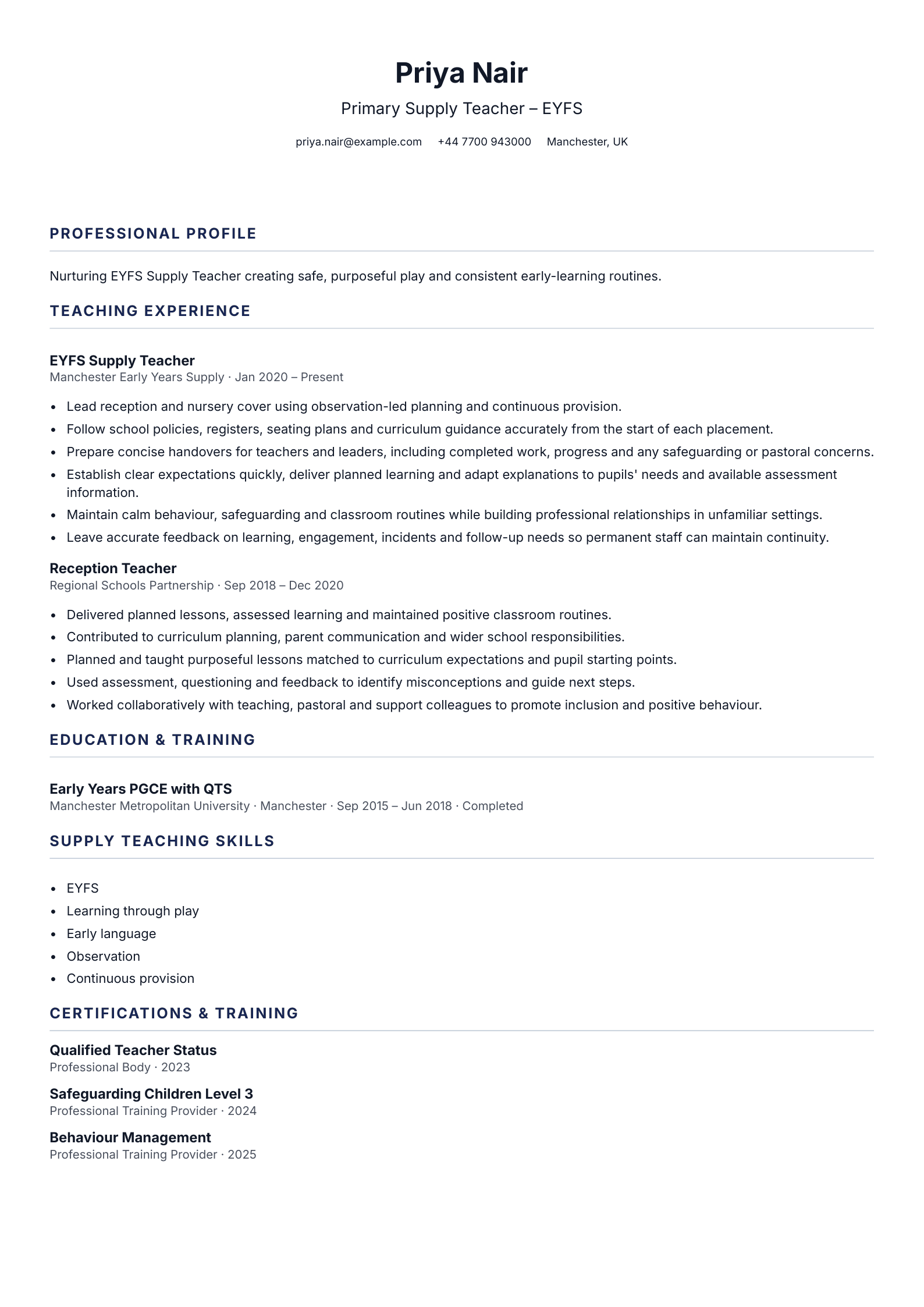 Primary Supply Teacher – EYFS CV template