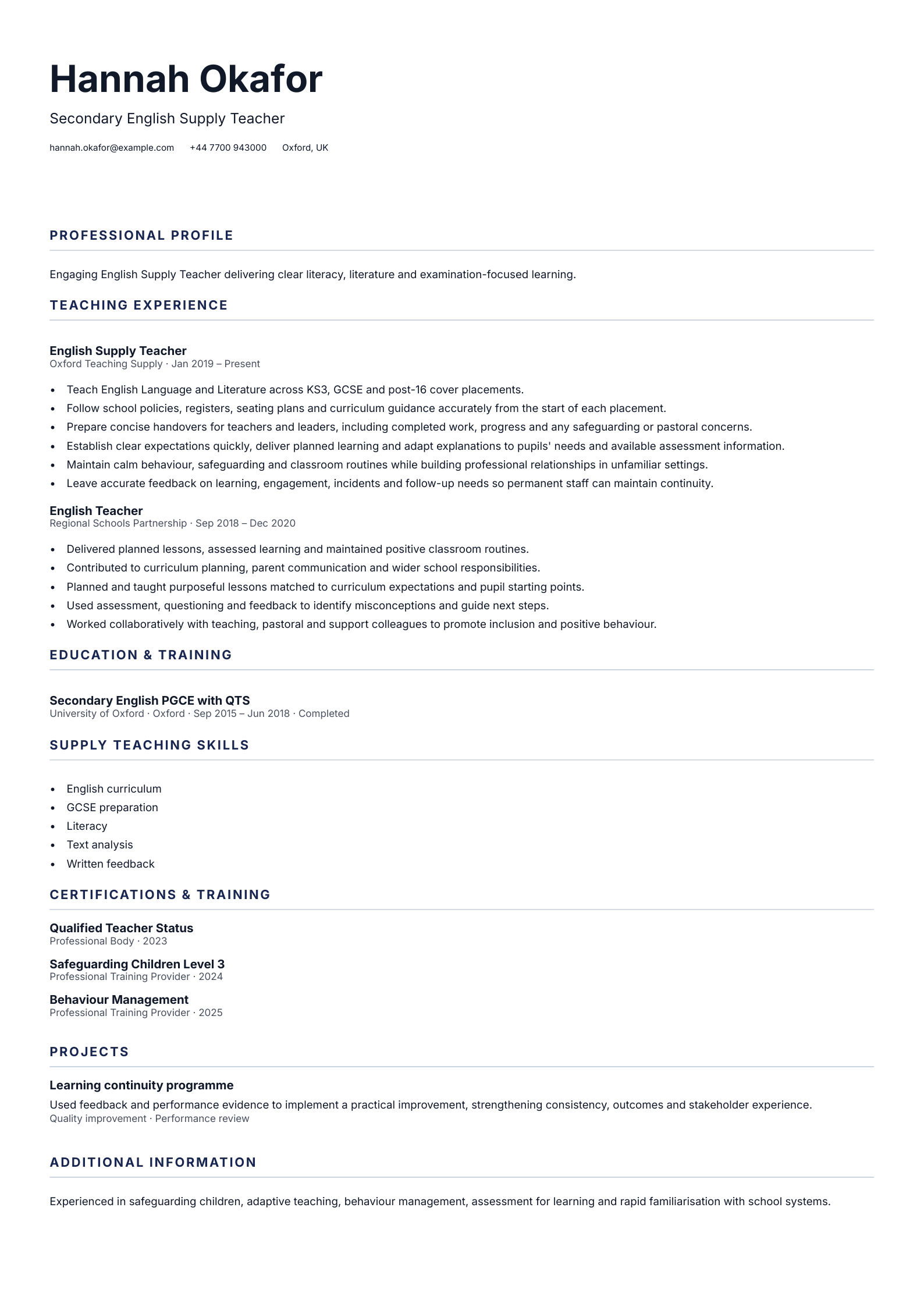 Secondary English Supply Teacher CV template