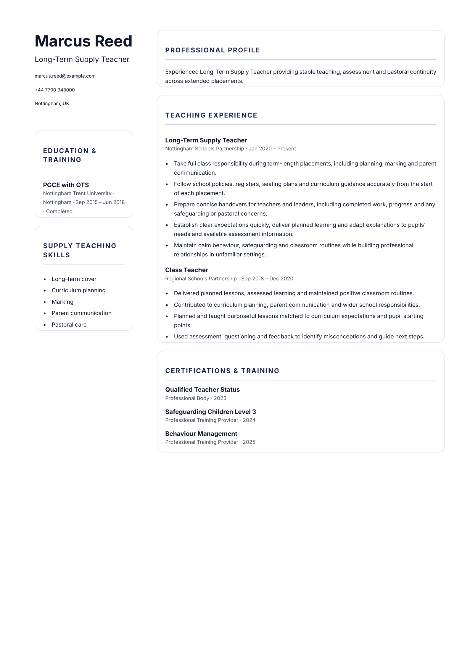 Long-Term Supply Teacher CV template