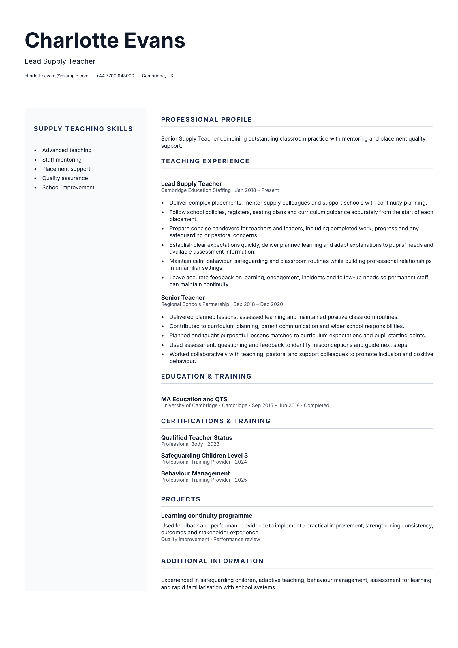 Lead Supply Teacher CV template