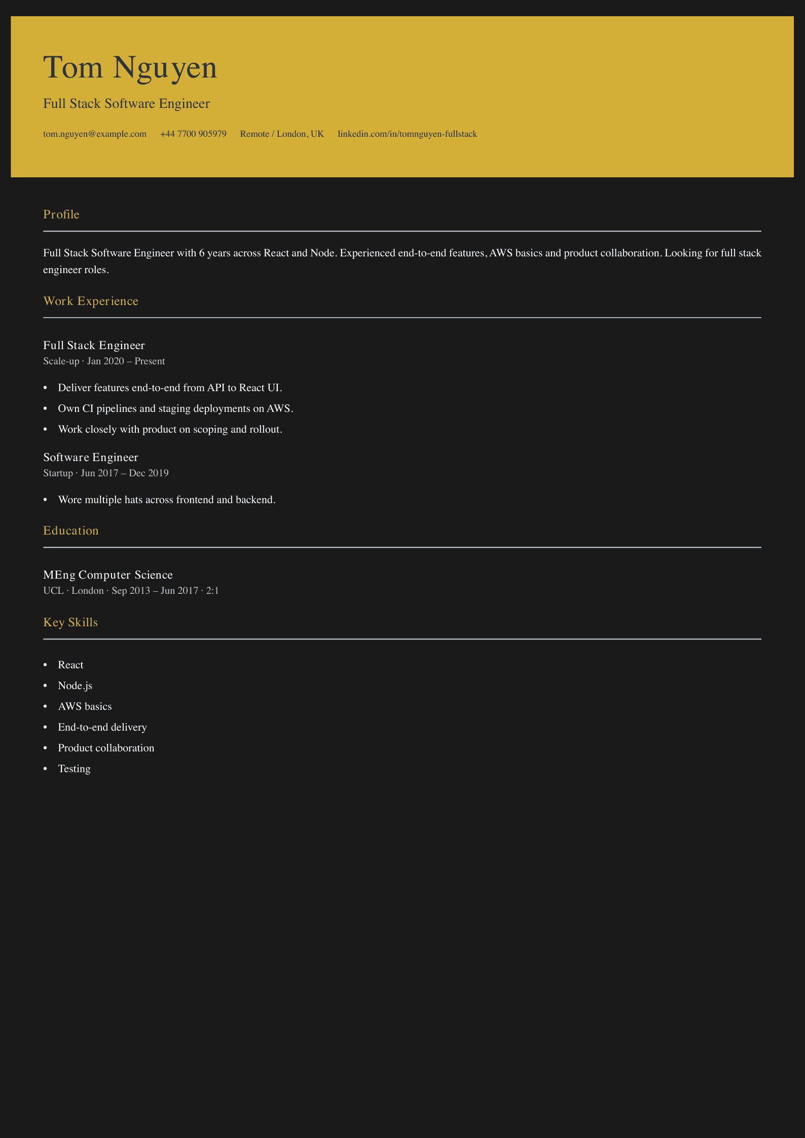 full stack software engineer cv template