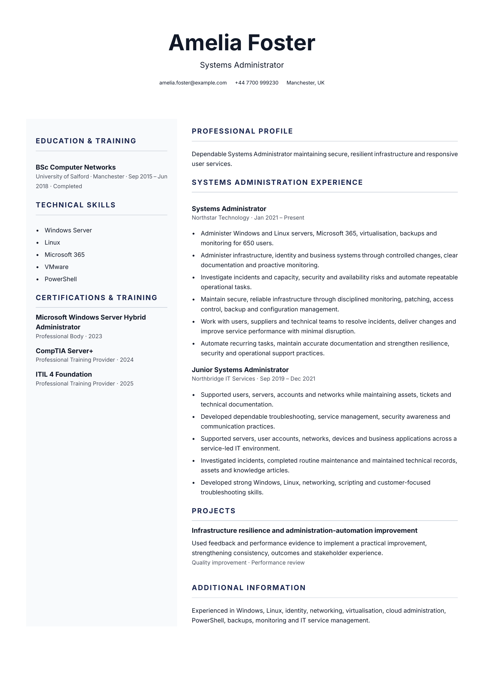 Systems administrator CV