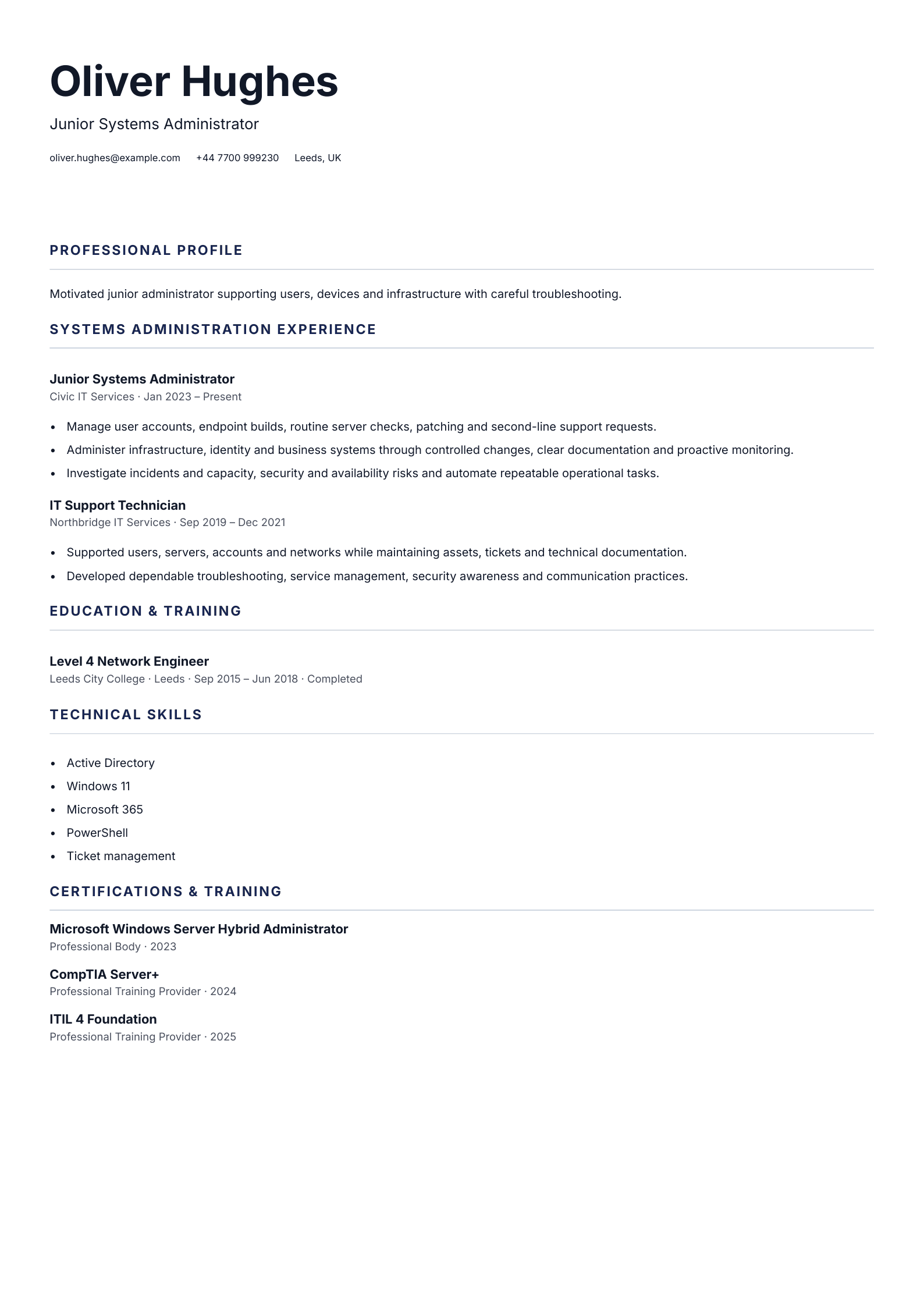 Junior Systems Administrator CV template