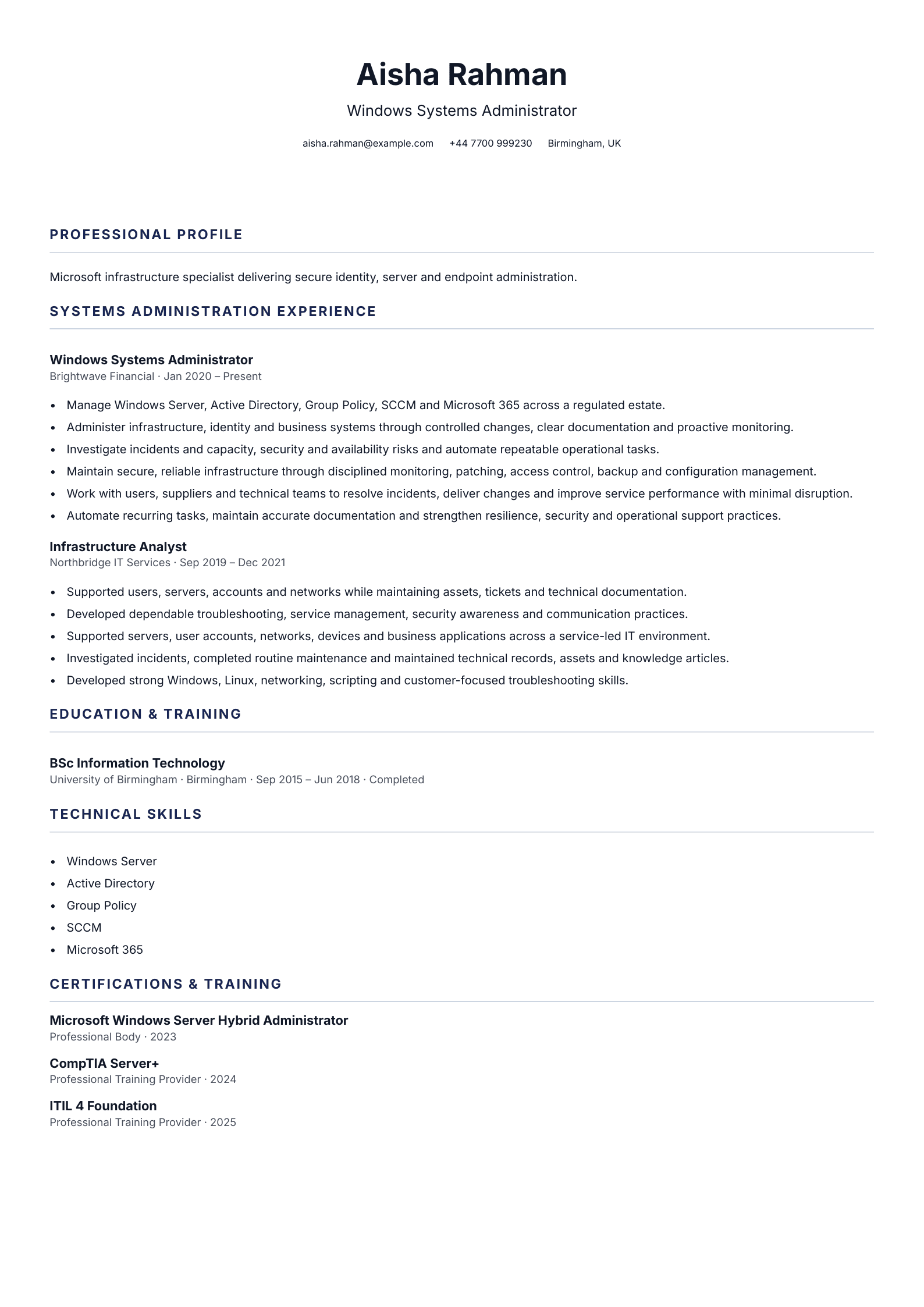 Windows Systems Administrator CV template