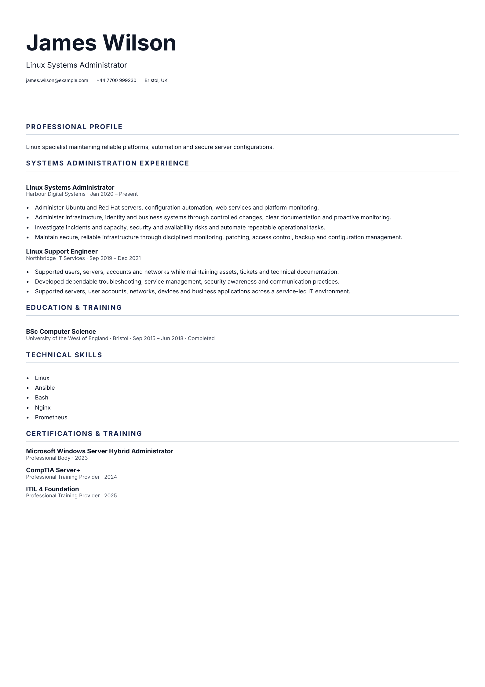 Linux Systems Administrator CV template