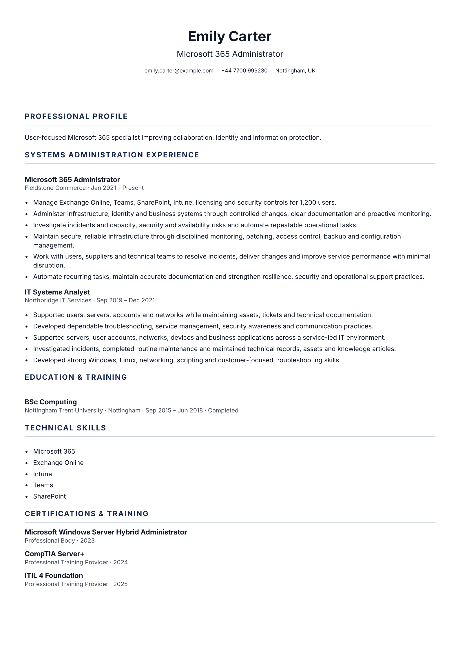 Microsoft 365 Administrator CV template