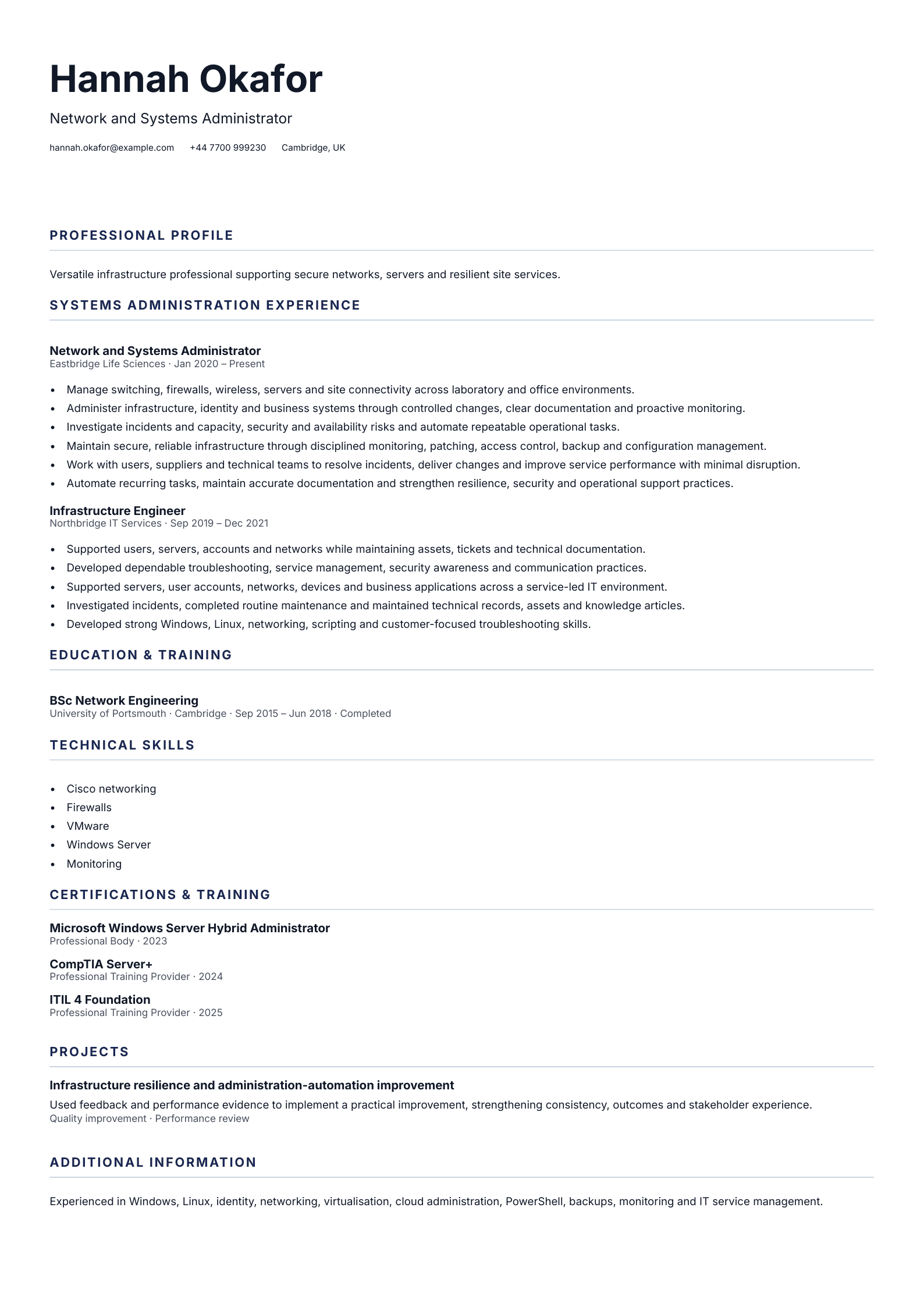 Network and Systems Administrator CV template