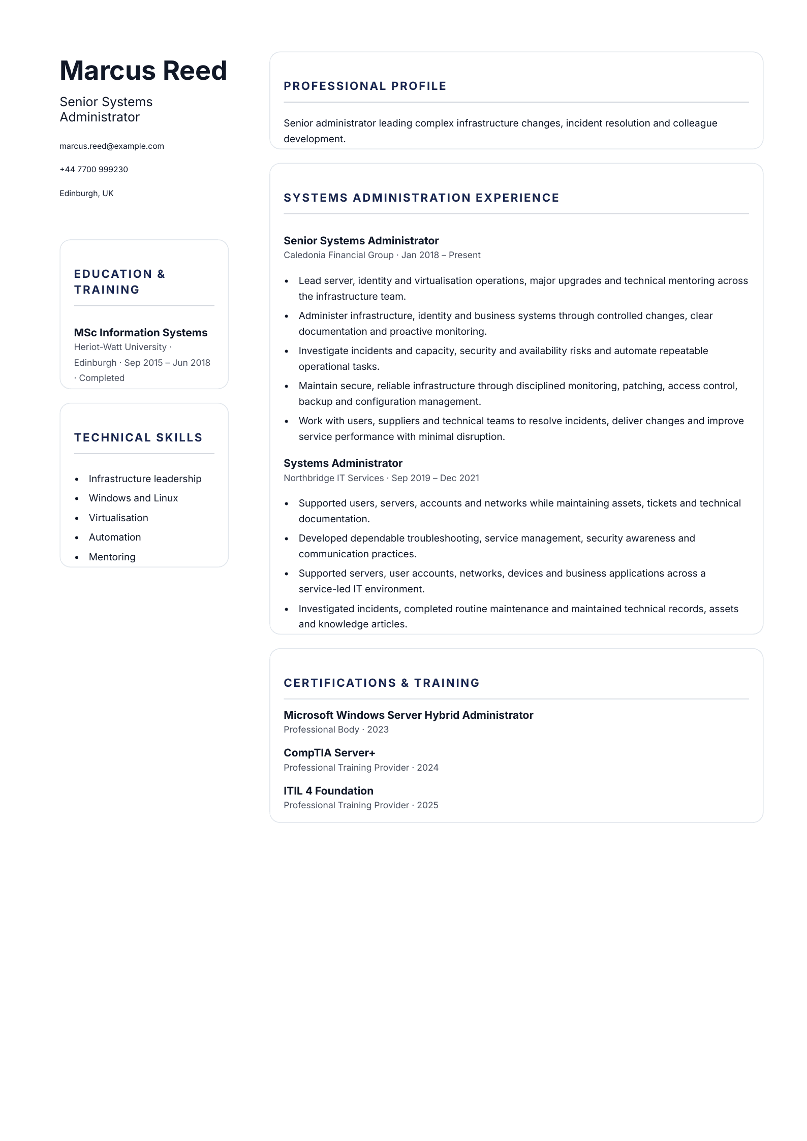 Senior Systems Administrator CV template