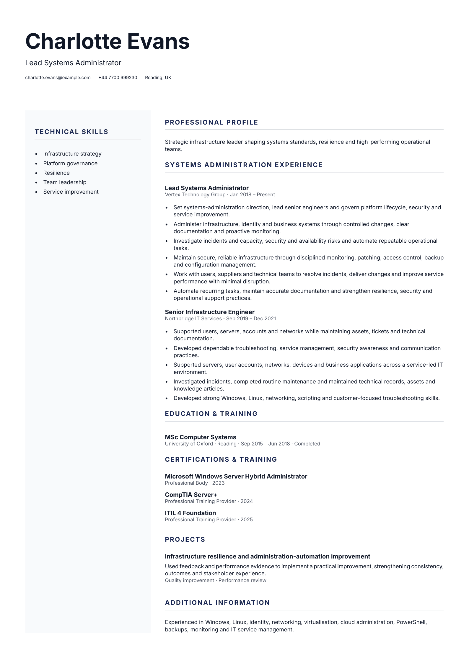 Lead Systems Administrator CV template