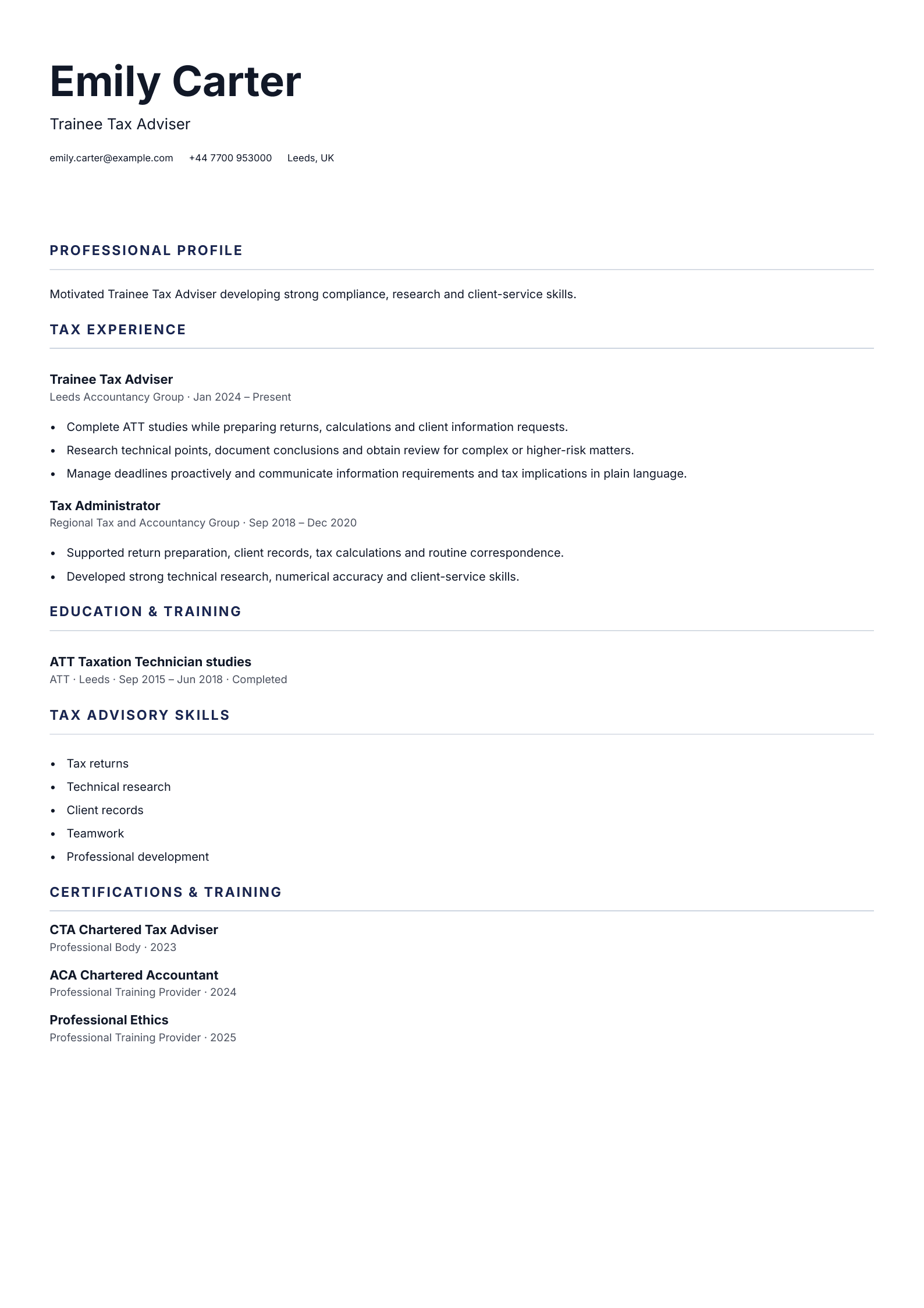 Trainee Tax Adviser CV template