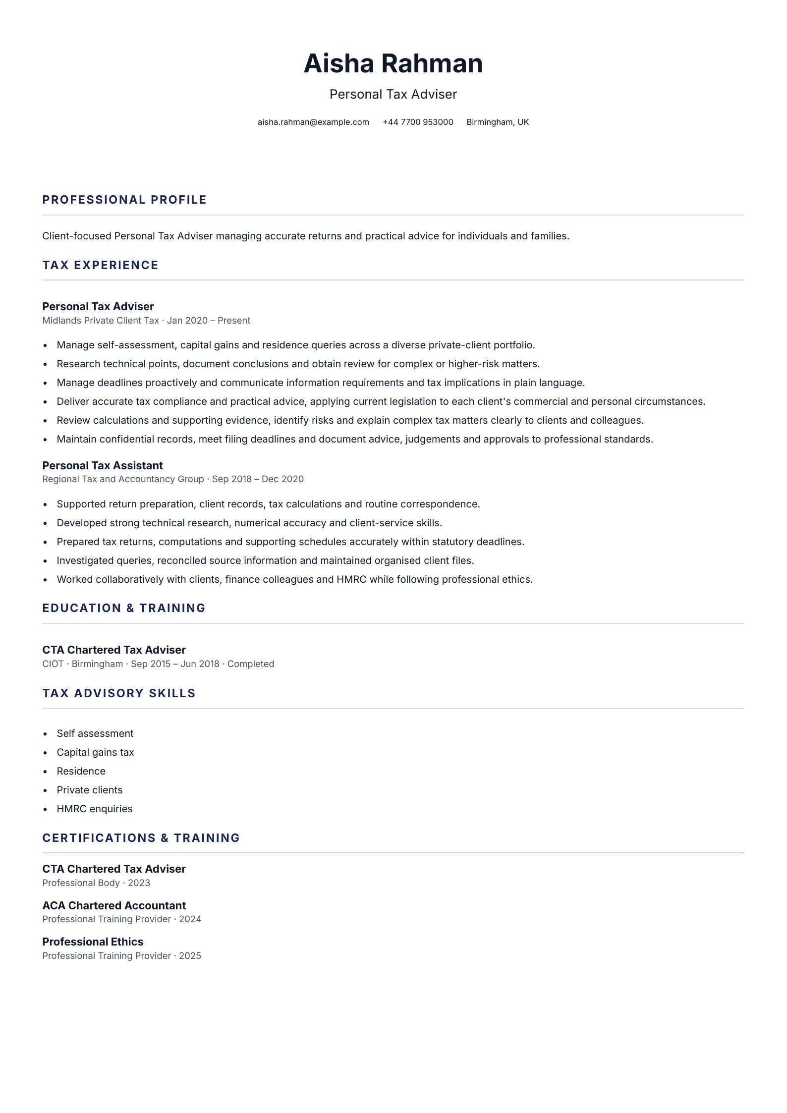 Personal Tax Adviser CV template