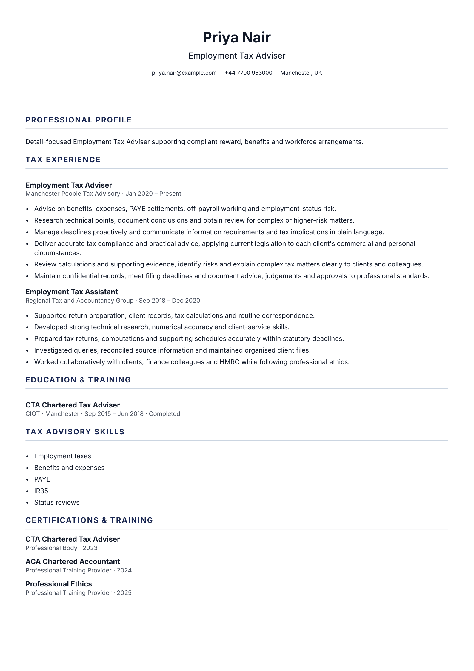 Employment Tax Adviser CV template
