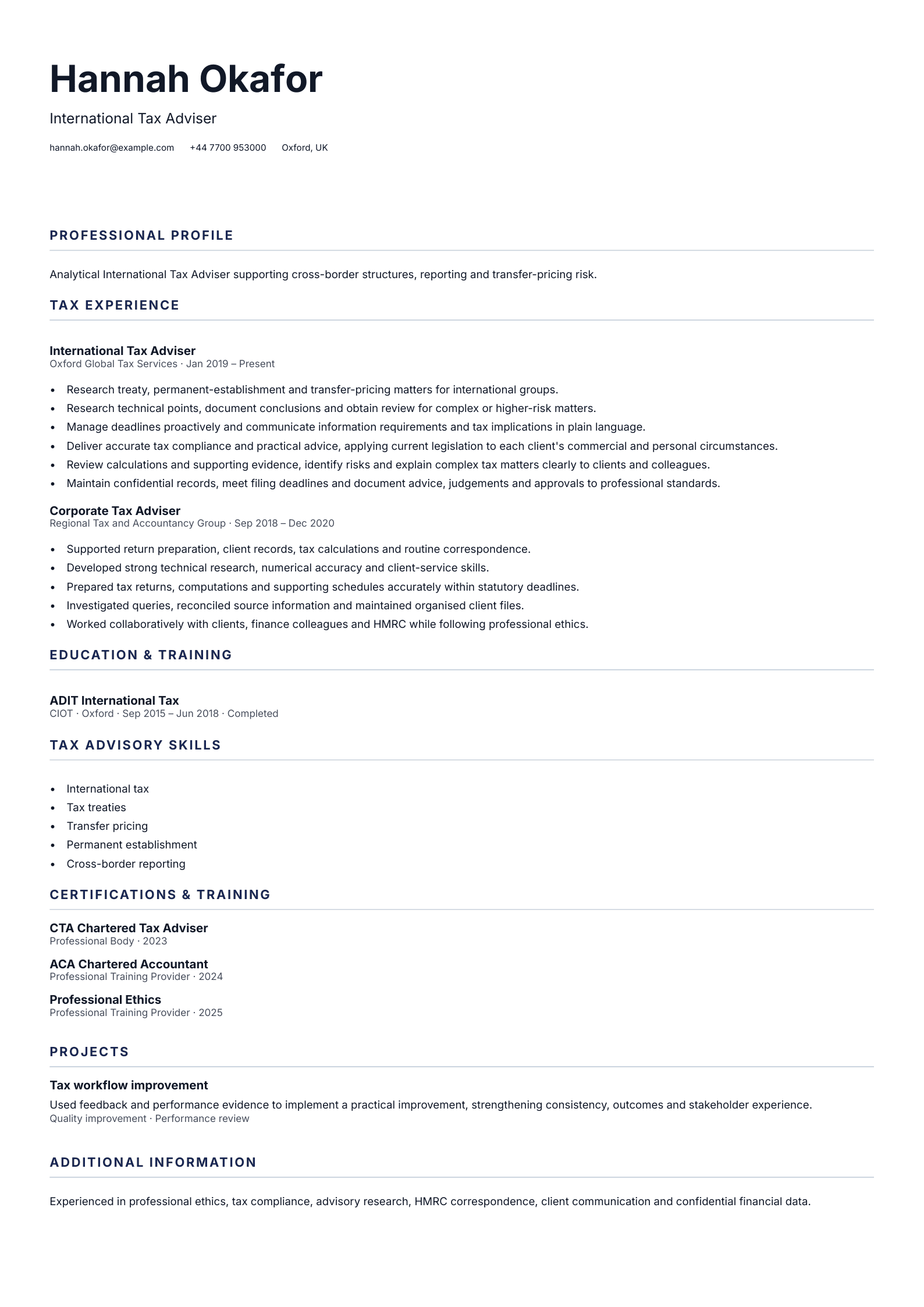 International Tax Adviser CV template