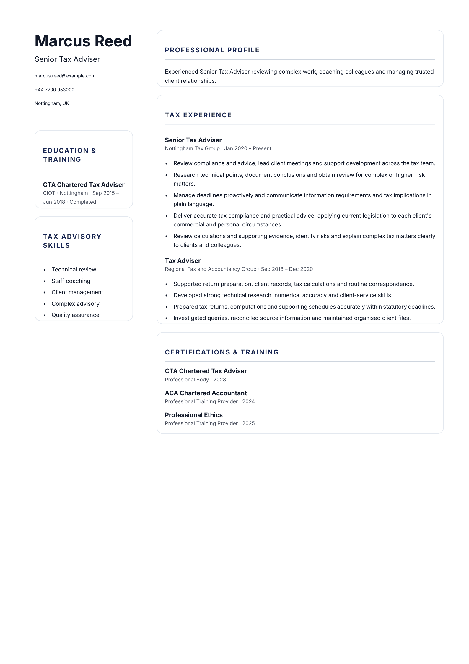 Senior Tax Adviser CV template
