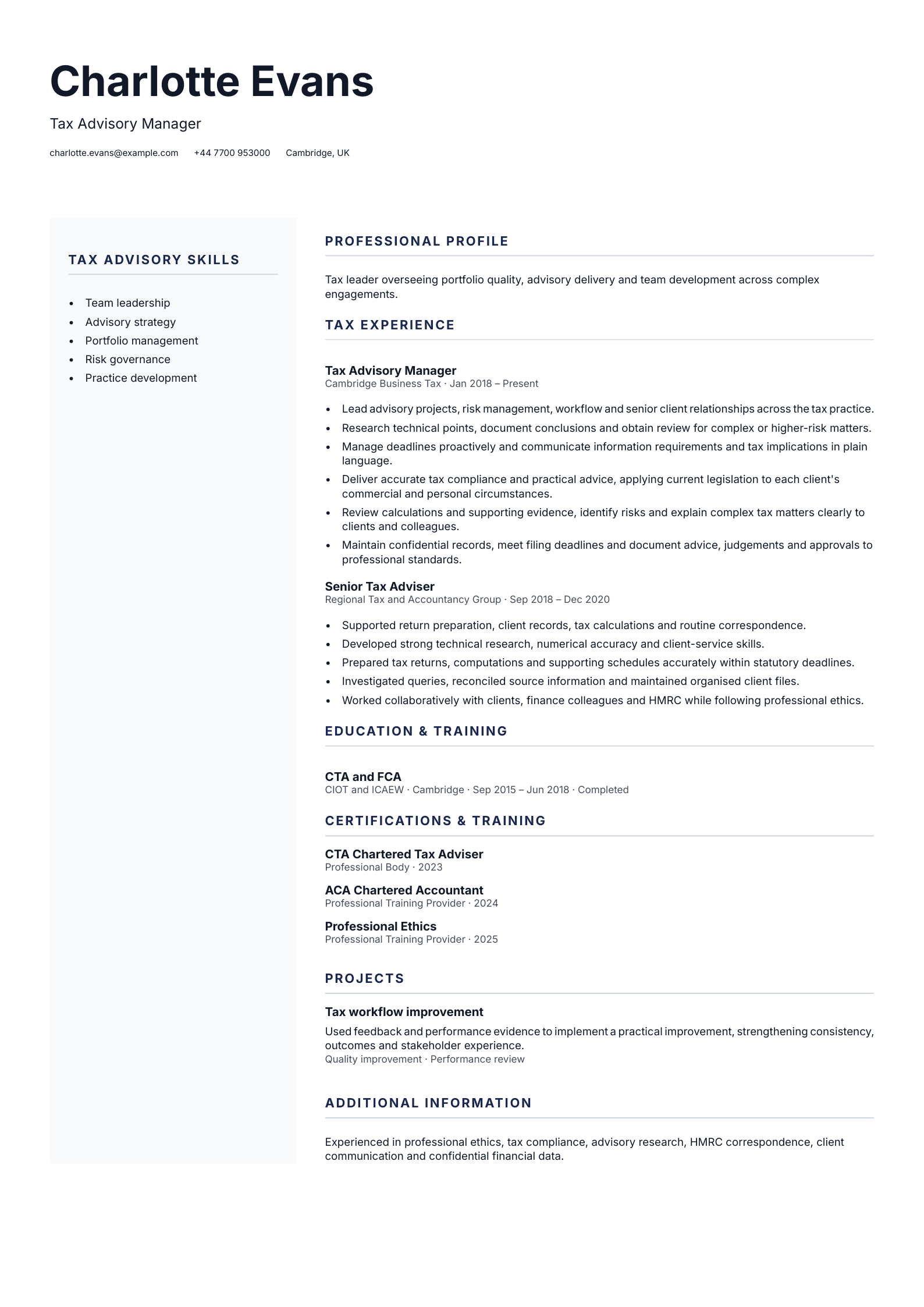Tax Advisory Manager CV template