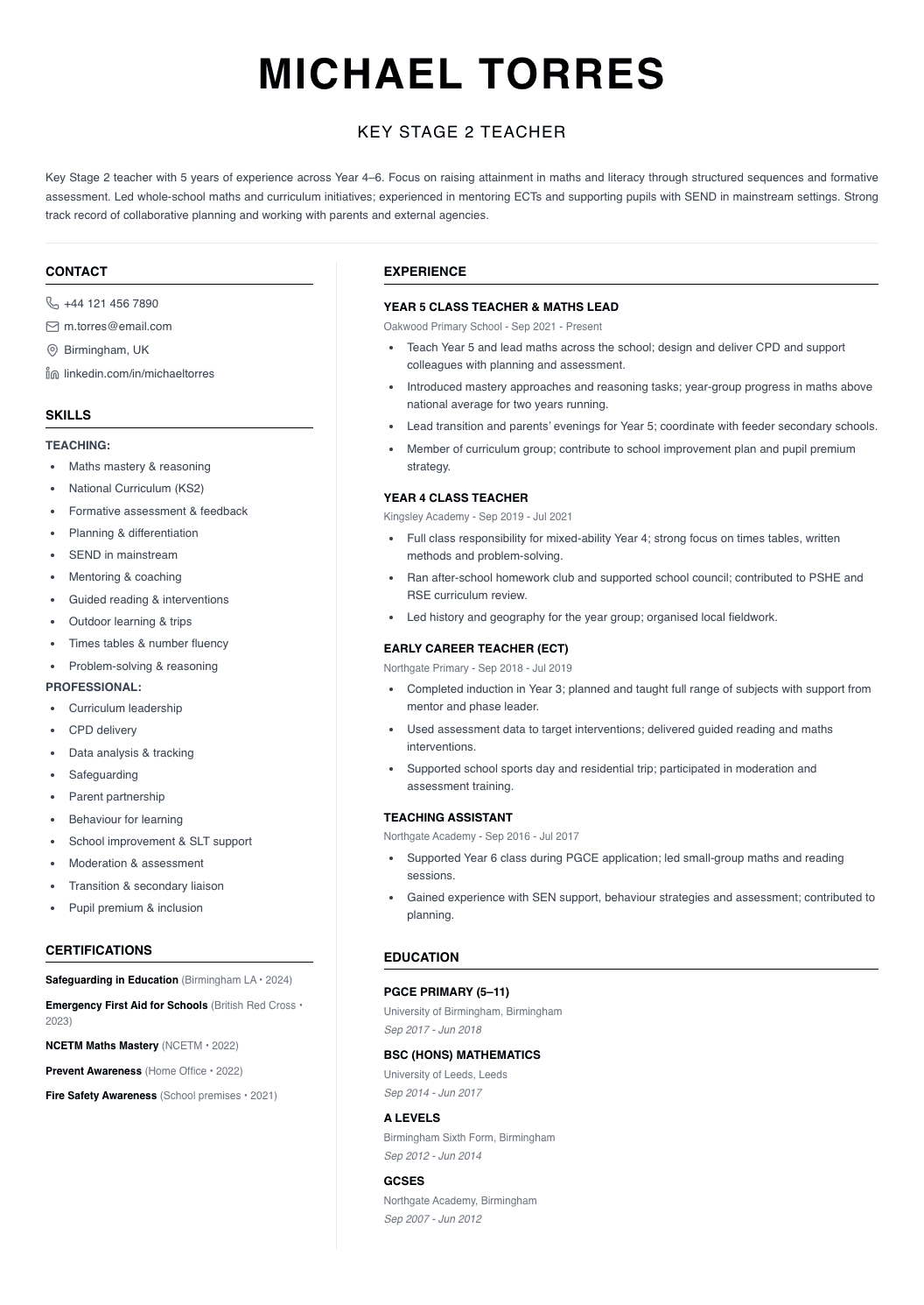 Teacher CV template