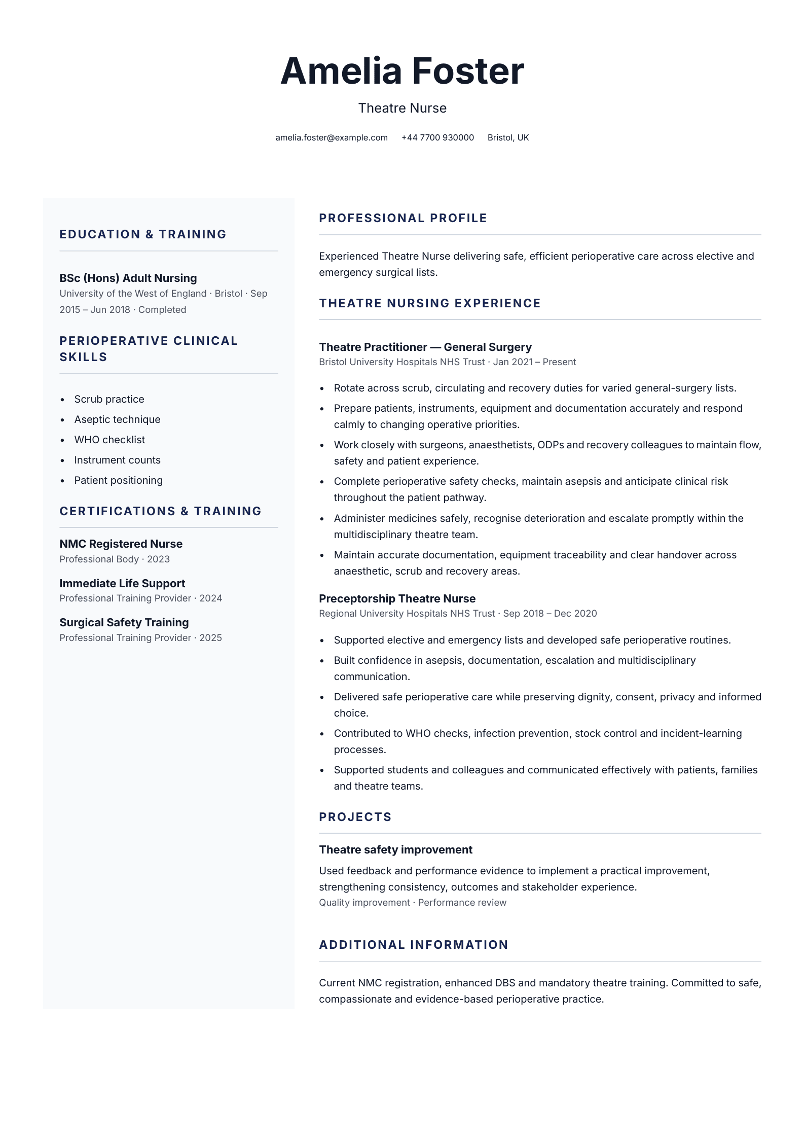 Theatre nurse CV