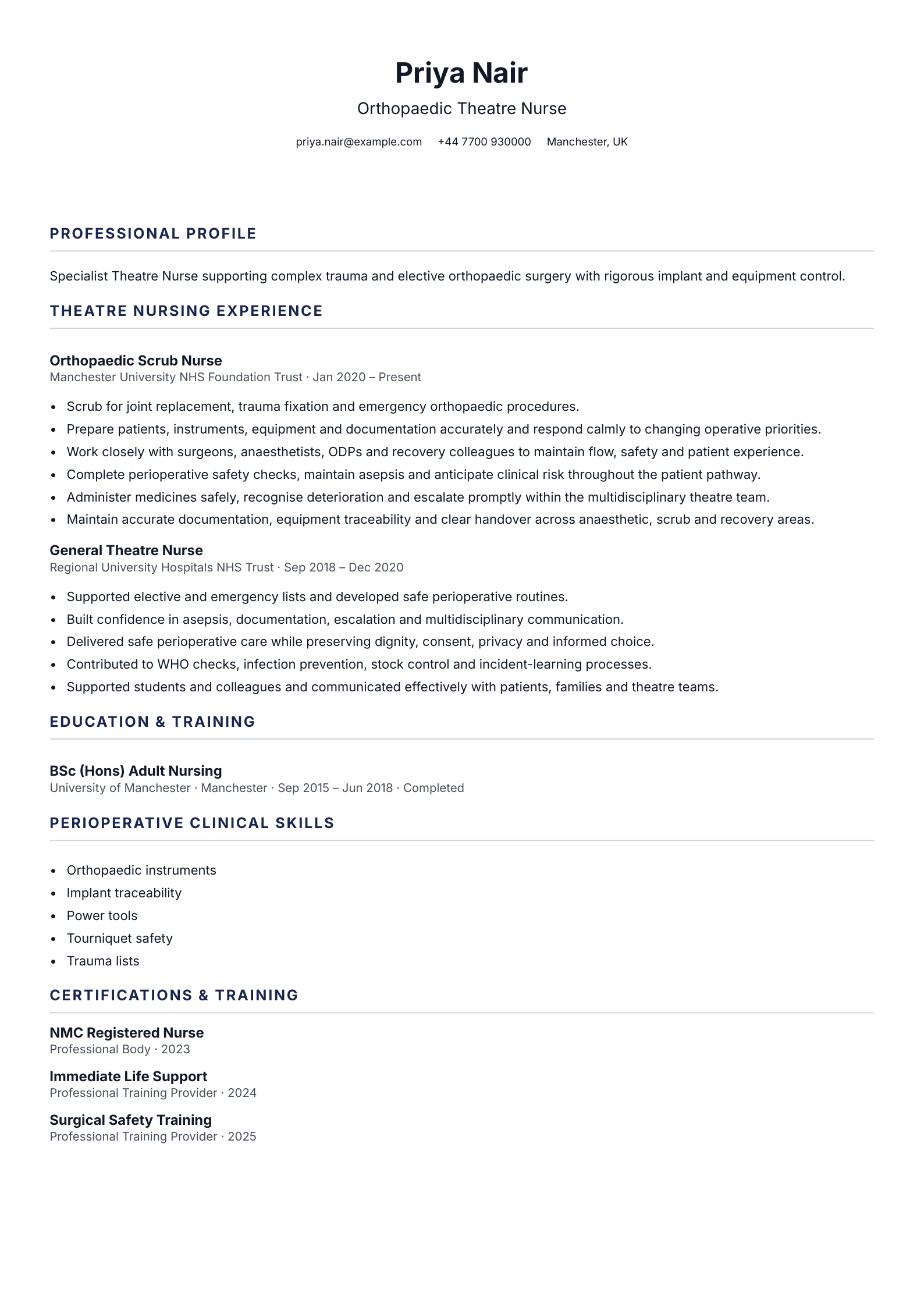 Orthopaedic Theatre Nurse CV template
