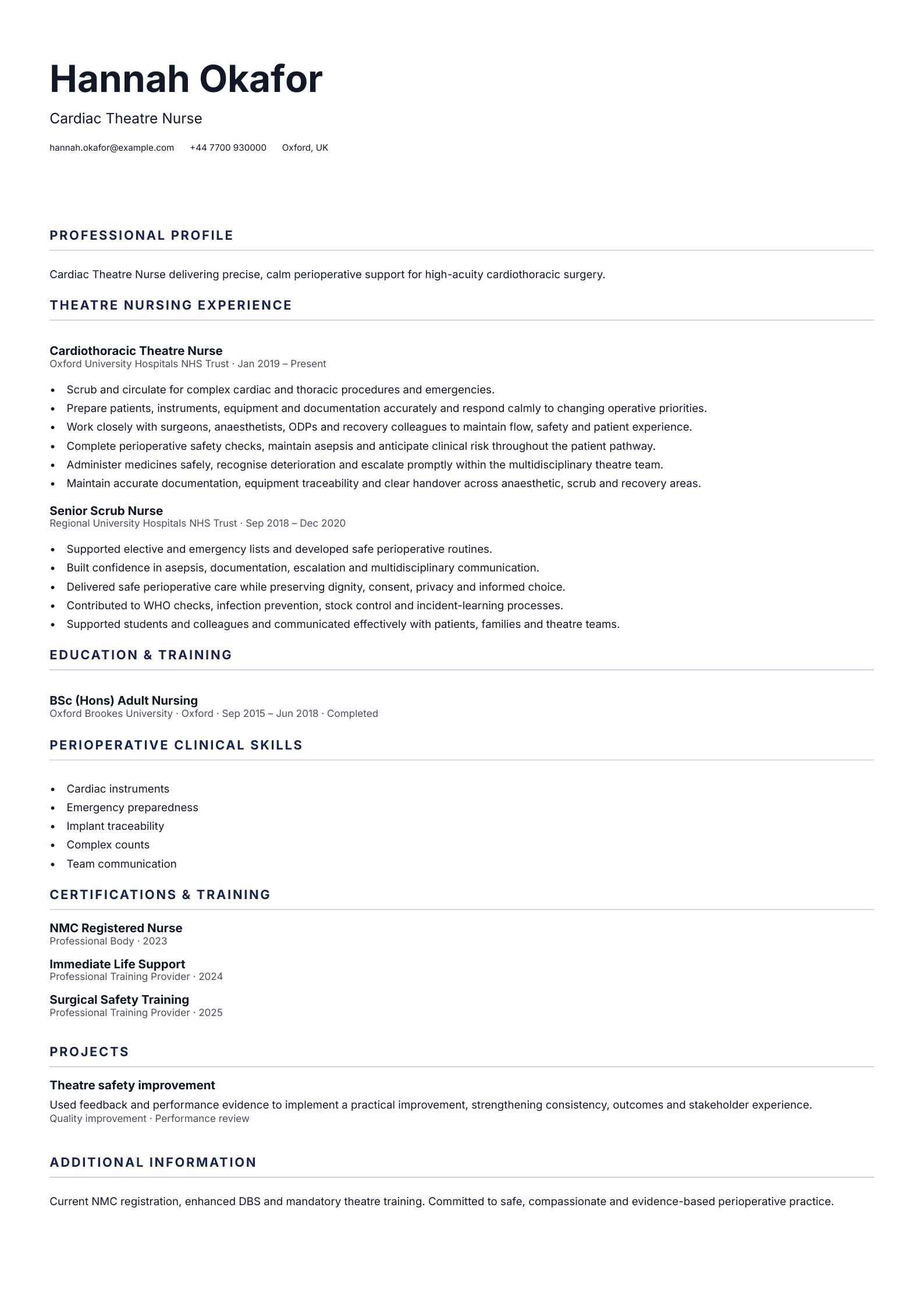 Cardiac Theatre Nurse CV template