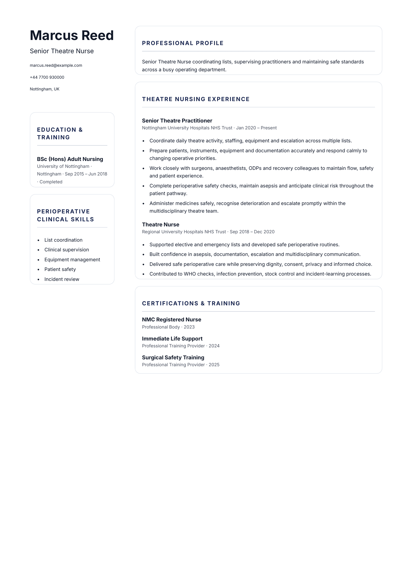 Senior Theatre Nurse CV template