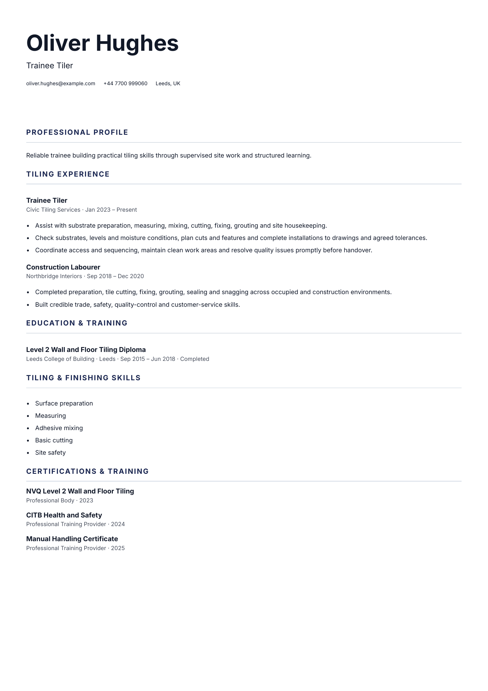 Trainee Tiler CV template
