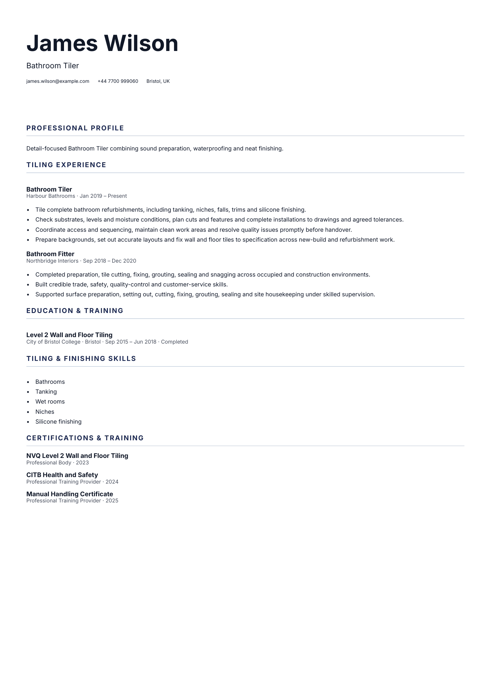 Bathroom Tiler CV template