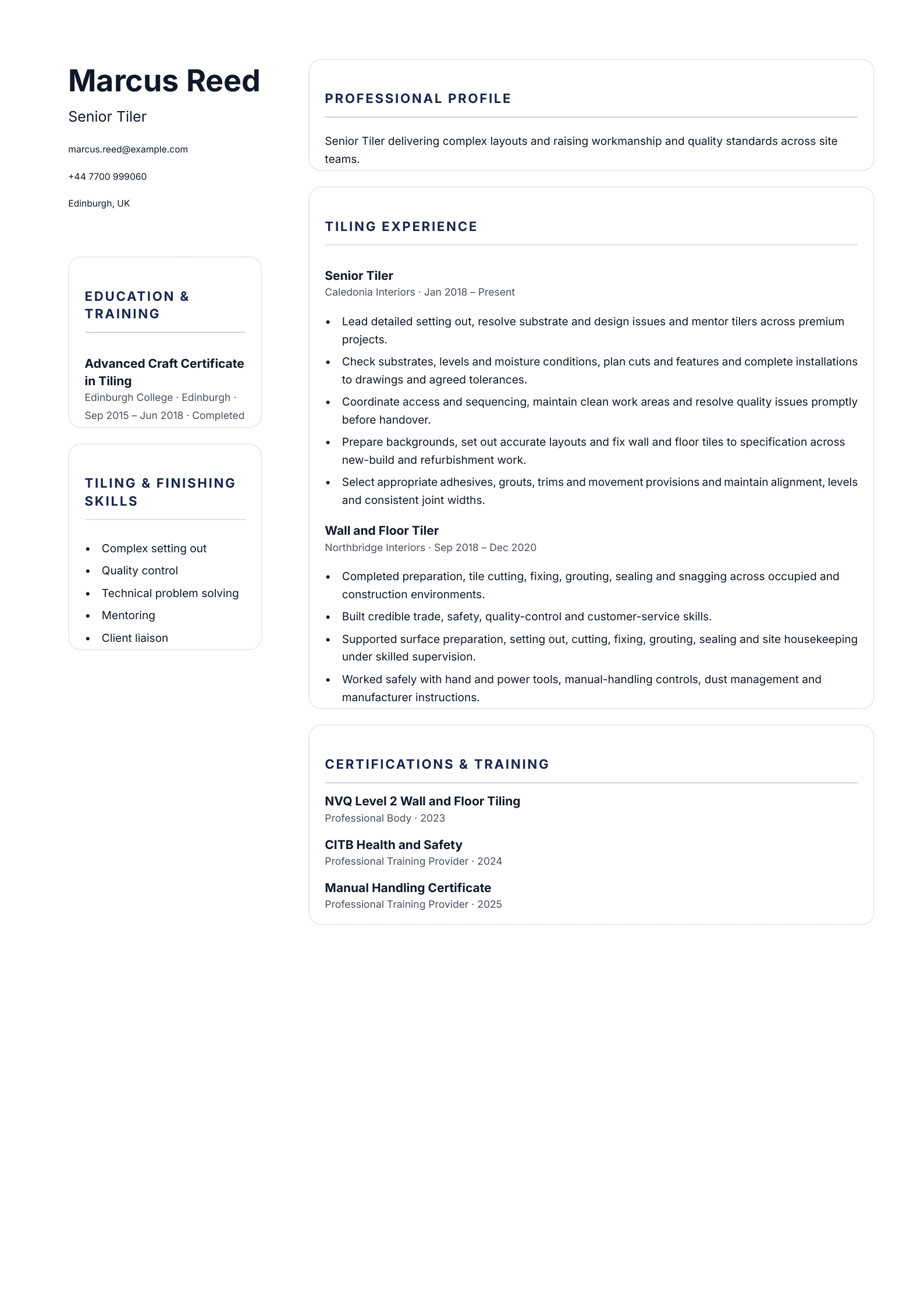 Senior Tiler CV template