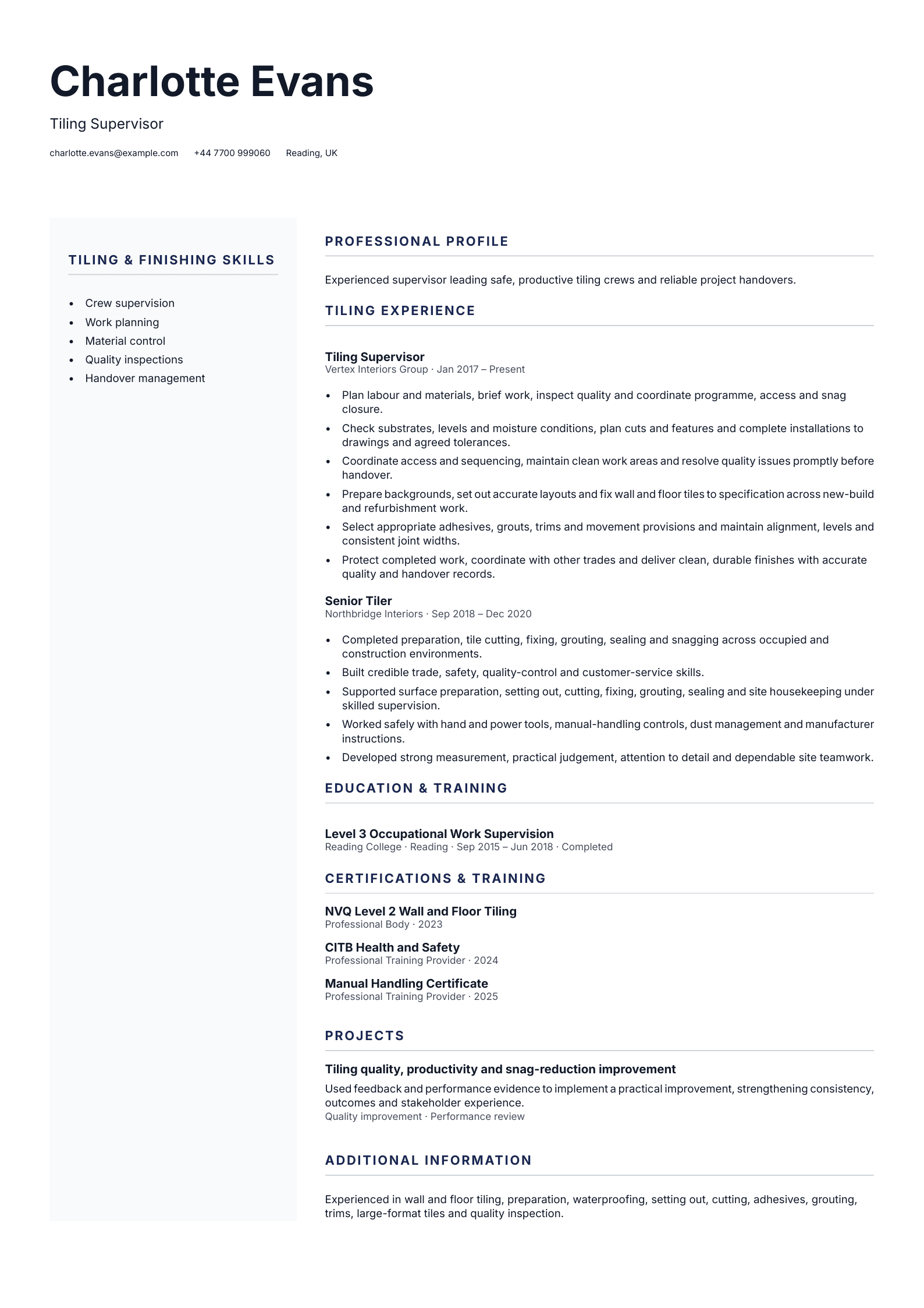 Tiling Supervisor CV template