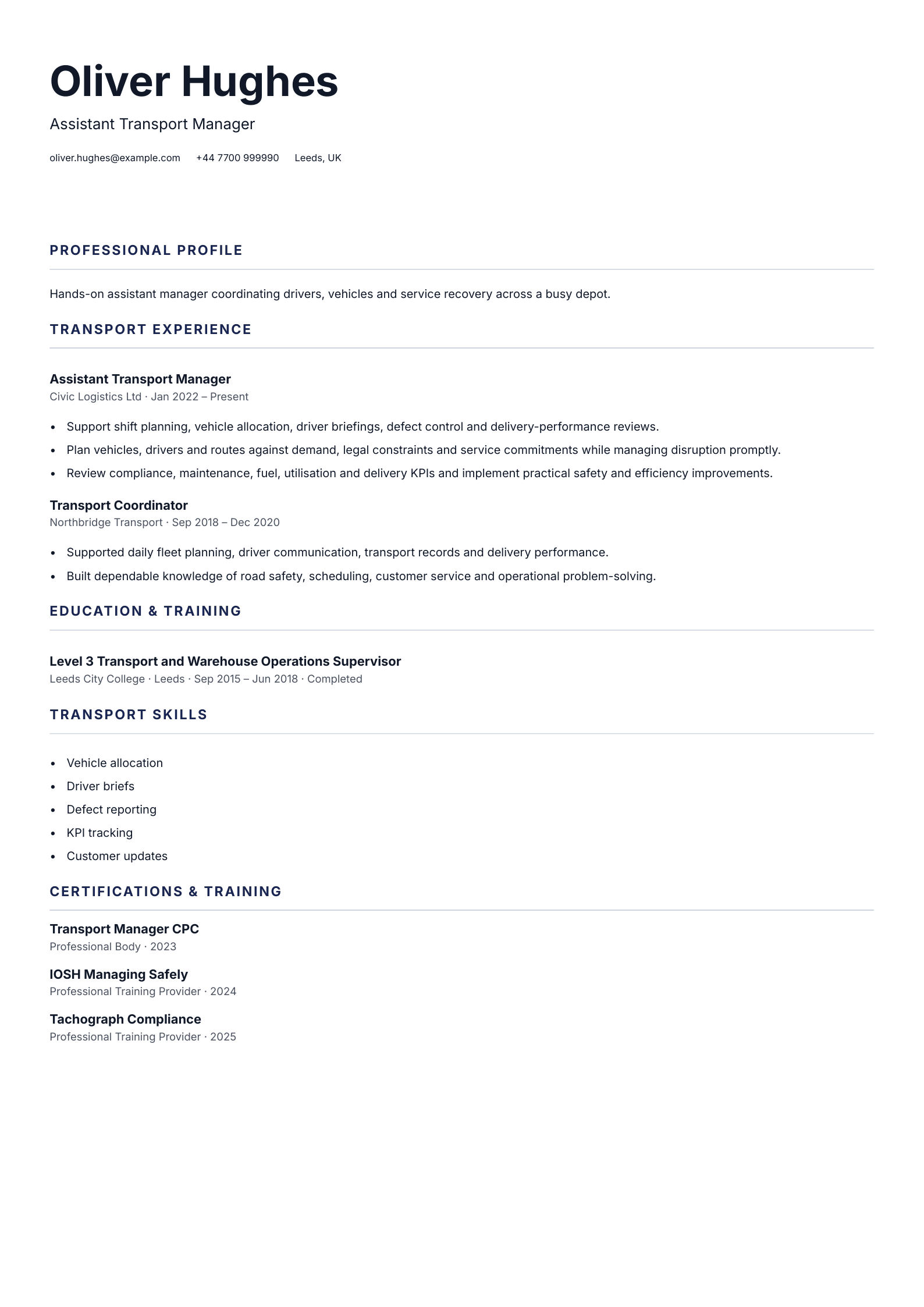 Assistant Transport Manager CV template