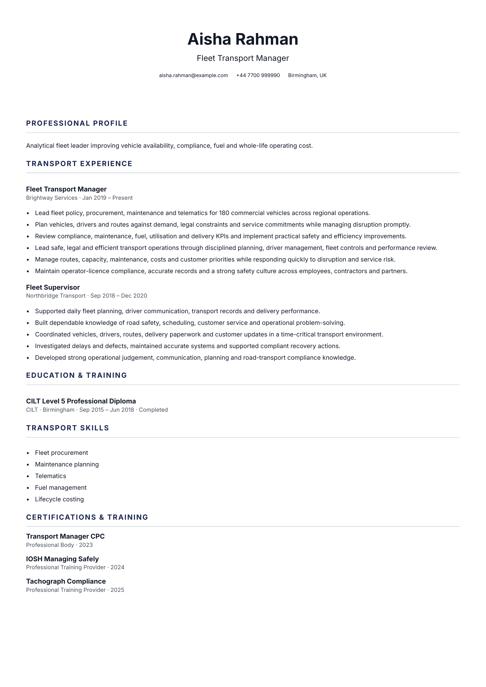 Fleet Transport Manager CV template